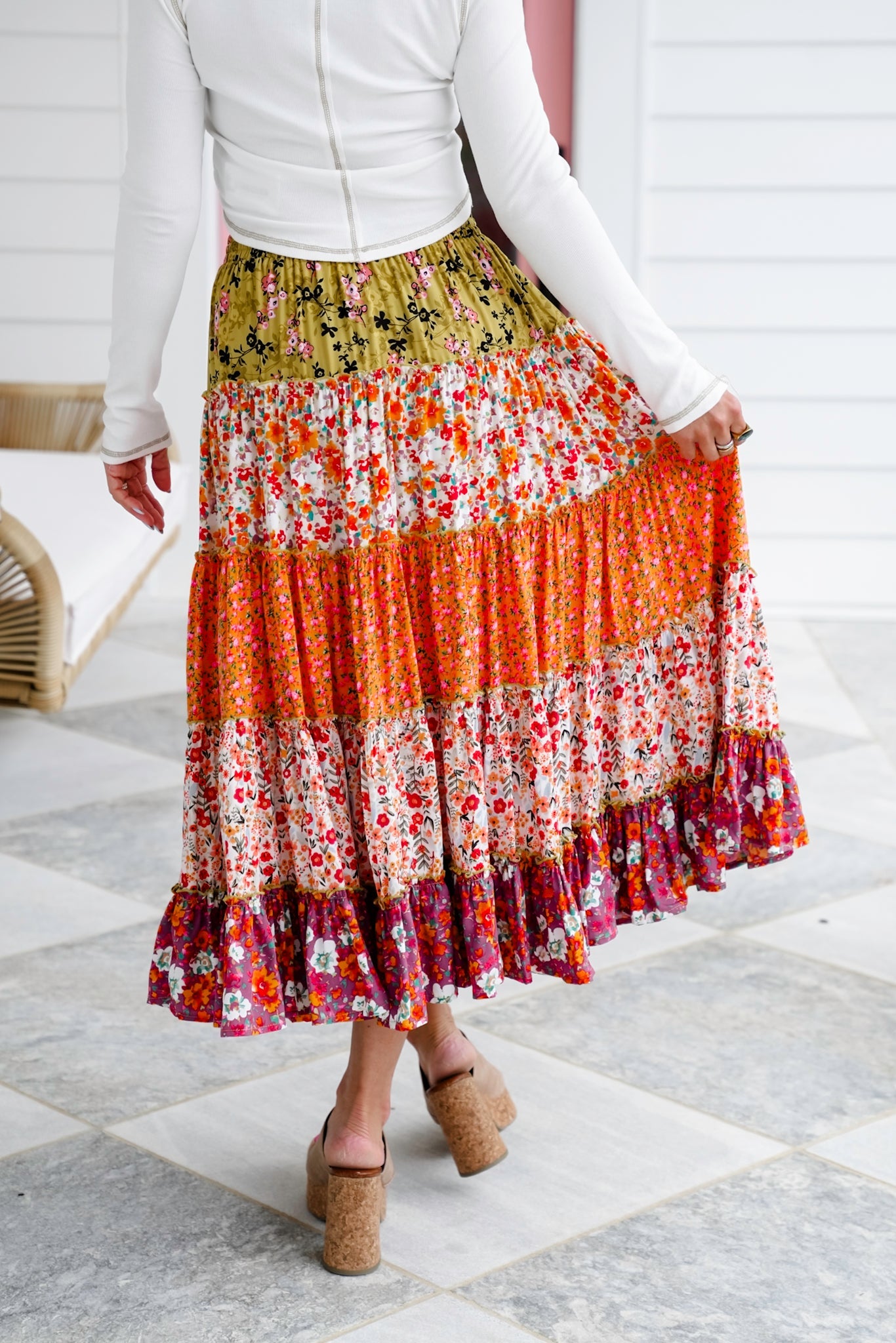 Plus/Reg Mixed Floral Print Elastic Waist Tiered Skirt