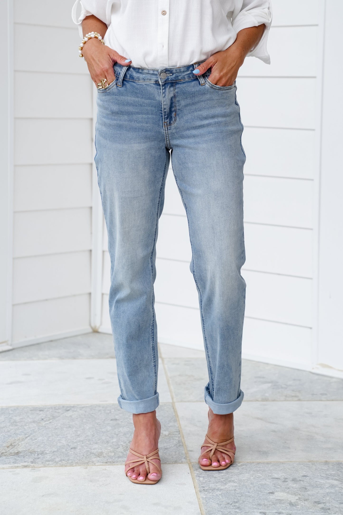 Judy Blue Riptide Mid Rise Medium Wash V Front Cuffed Boyfriend Jeans with Cool Denim