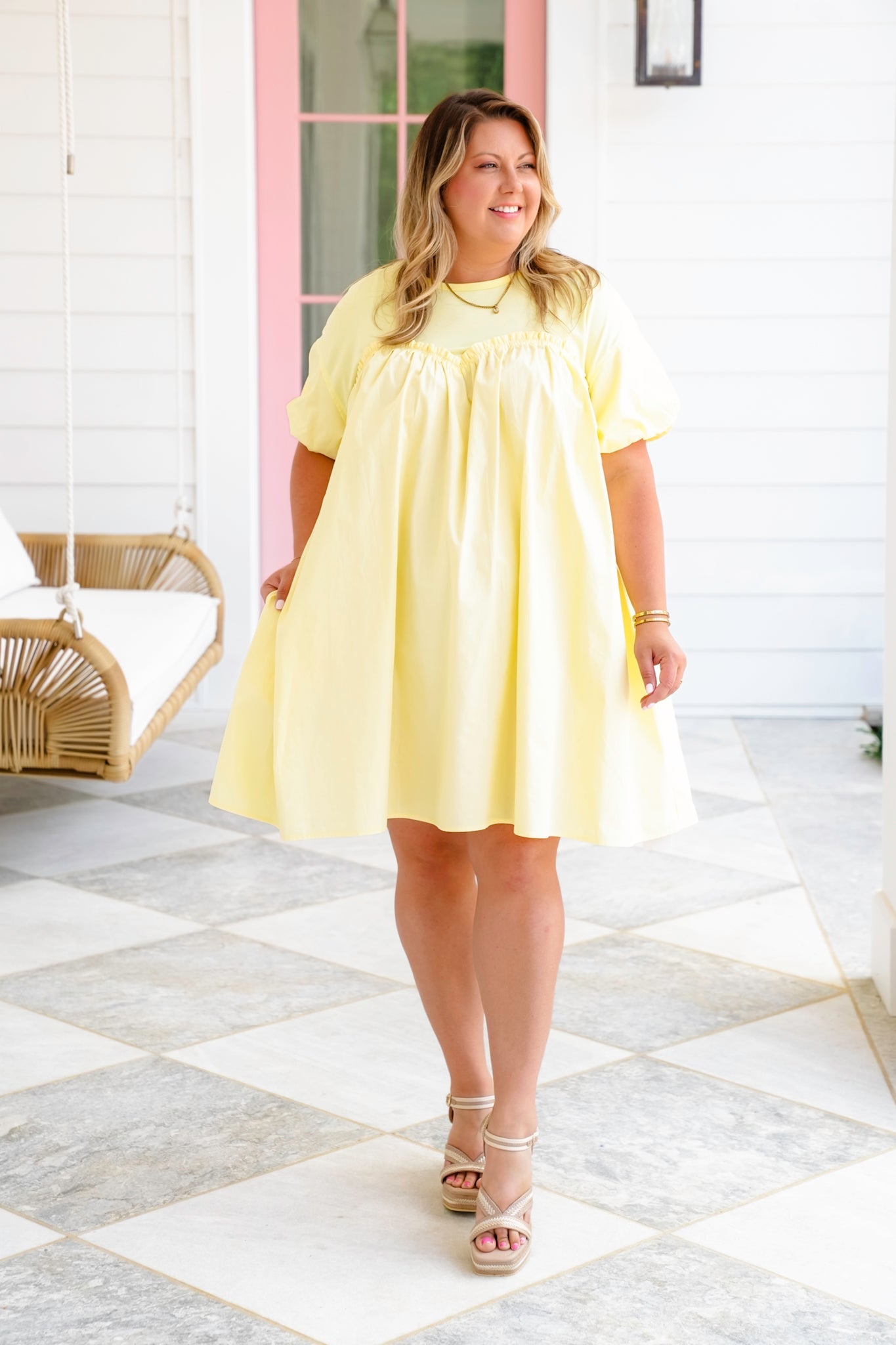 Plus/Reg Solid Cotton Short Sleeve Baby Doll Mini Dress