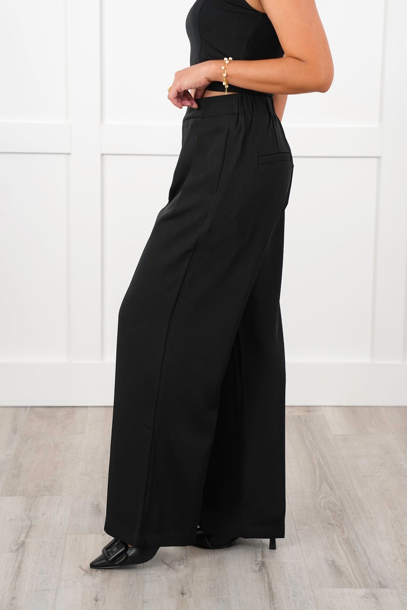 Black Twill Pleated Cross Over Waist Palazzo Pants