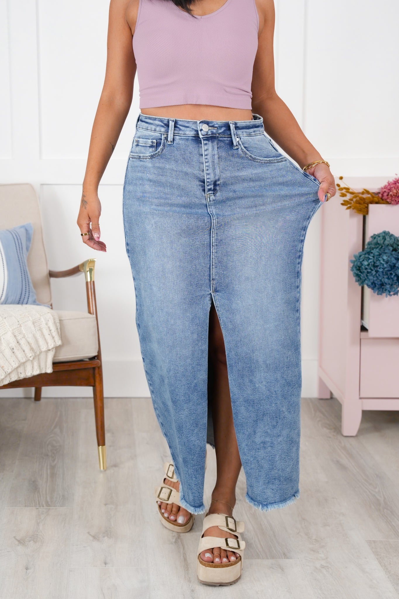 Risen High Rise Medium Wash Long Skirt
