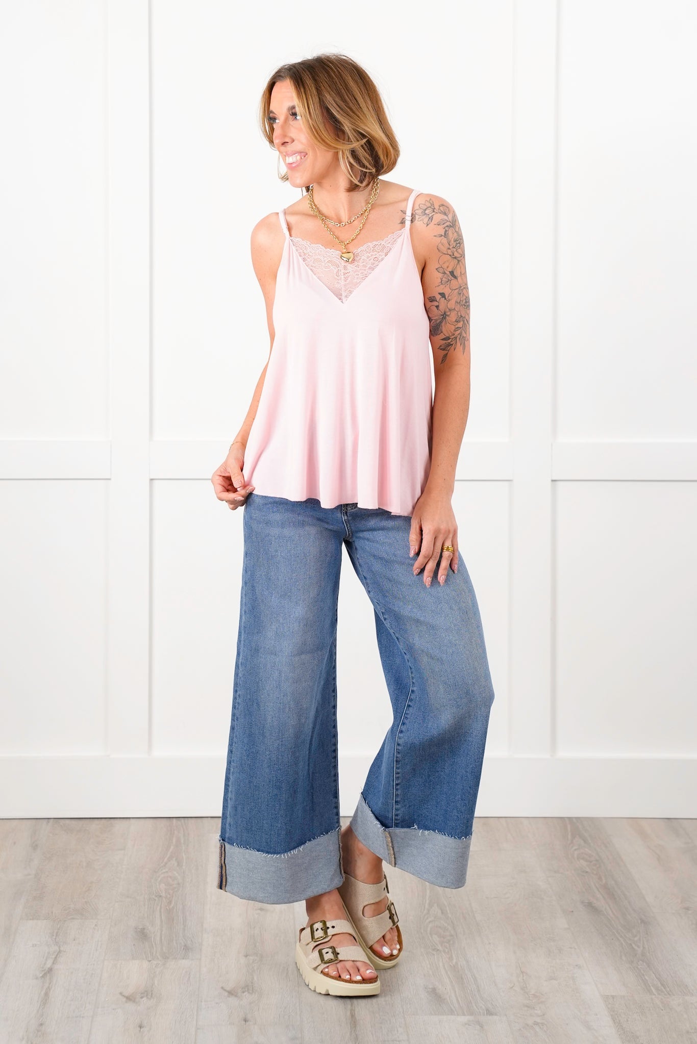POL Sleeveless V Neck Tank Top with Lace Detail