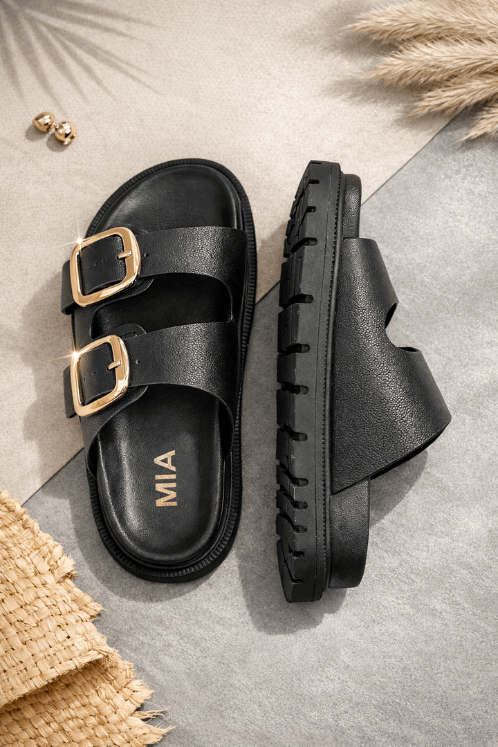 MIA Double Buckle Vegan Leather Platform Slide Sandal - Freckled Poppy