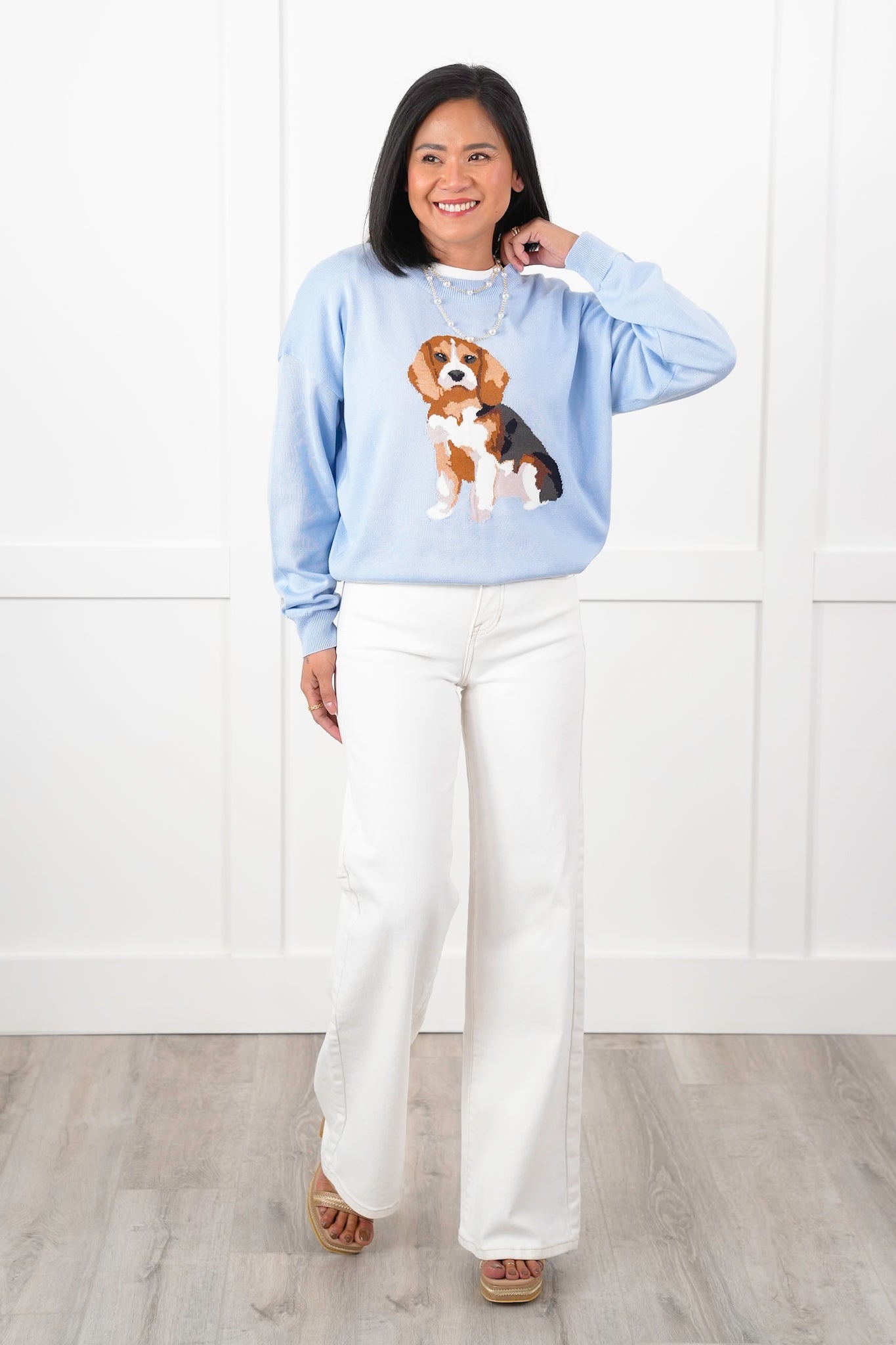 Long Sleeve Crew Neck Knit Sweater with "Beagle" Detail