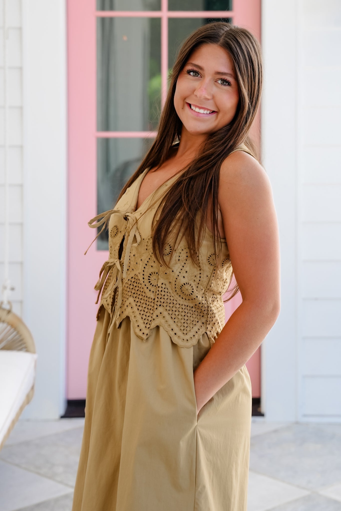 Eyelet Poplin Sleeveless Maxi Dress with Front Tie Detail