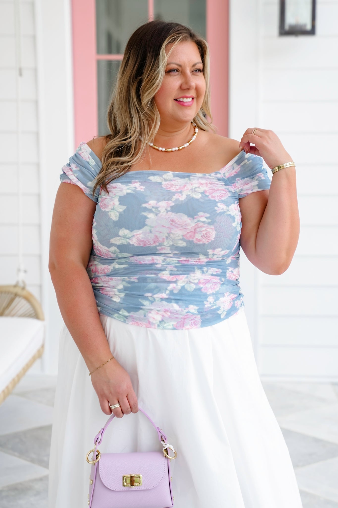 Floral Mesh Square Neck Top with Clinched Detail