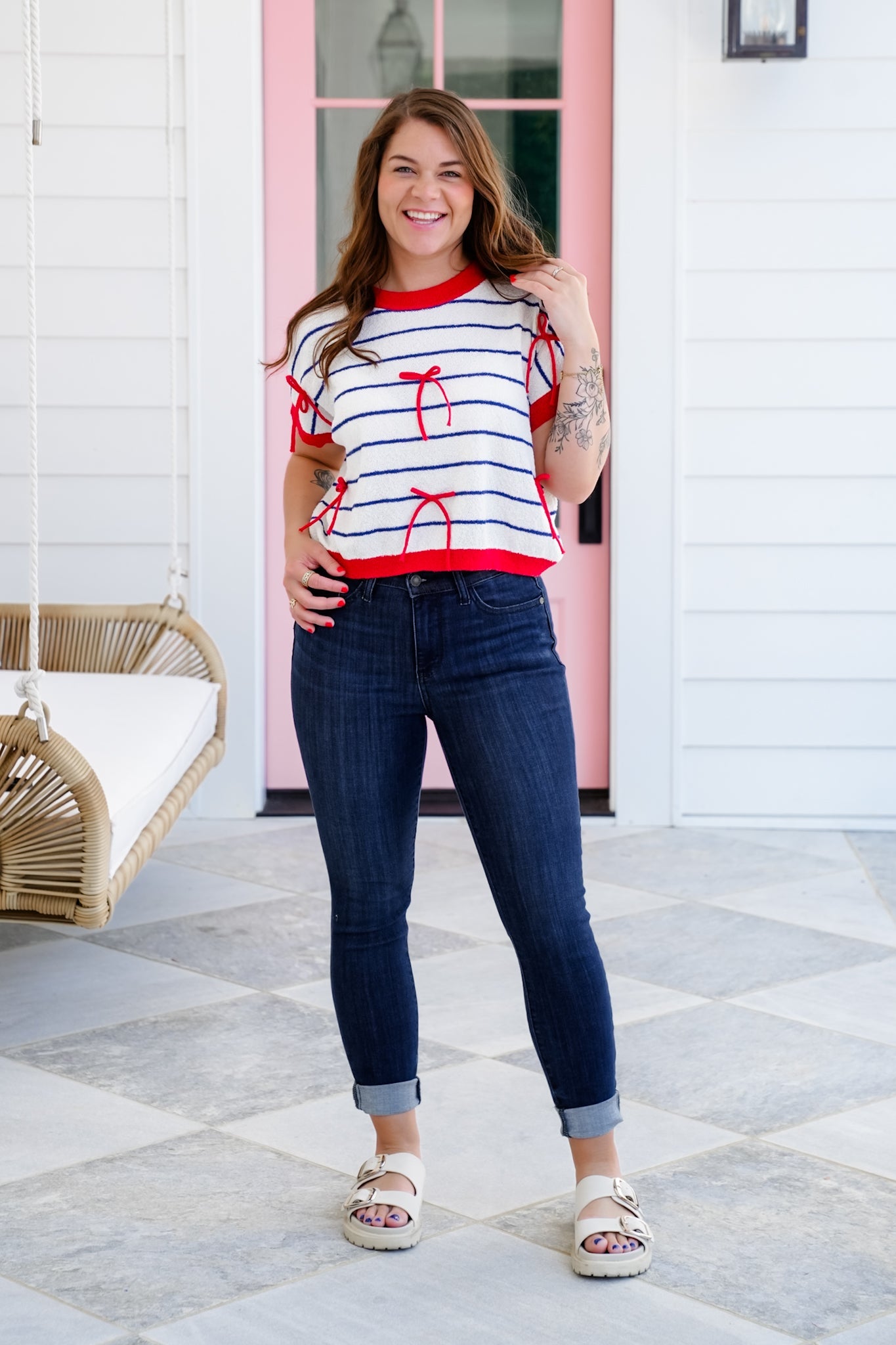 Stripe Short Sleeve Sweater with Bow Detail