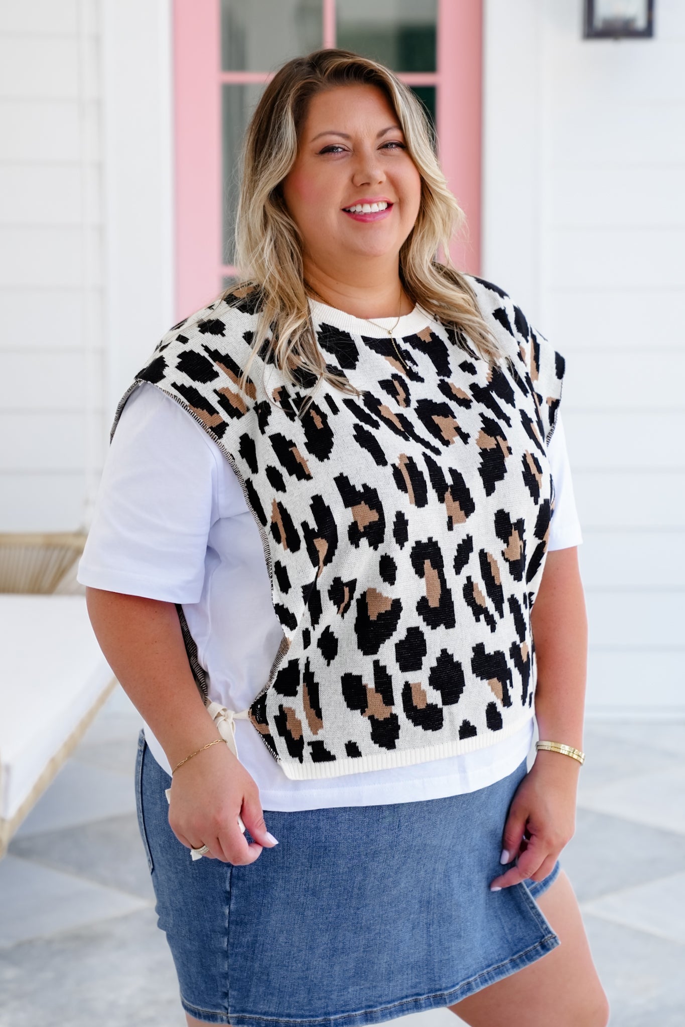 Plus/Reg Short Sleeve Tee with Layered Leopard Sweater Vest
