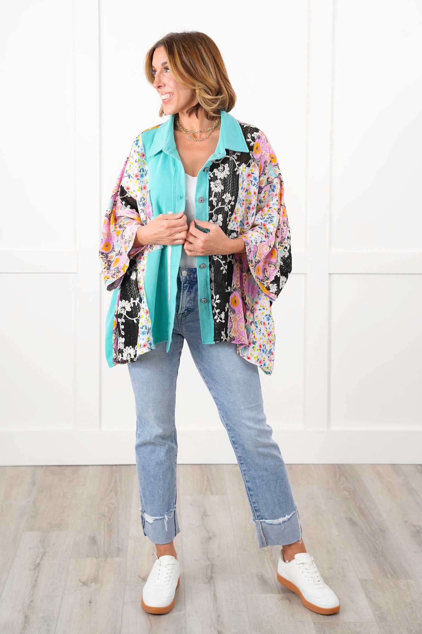 POL Thermal Long Dolman Sleeve Button Down Top with Contrast Print Detail