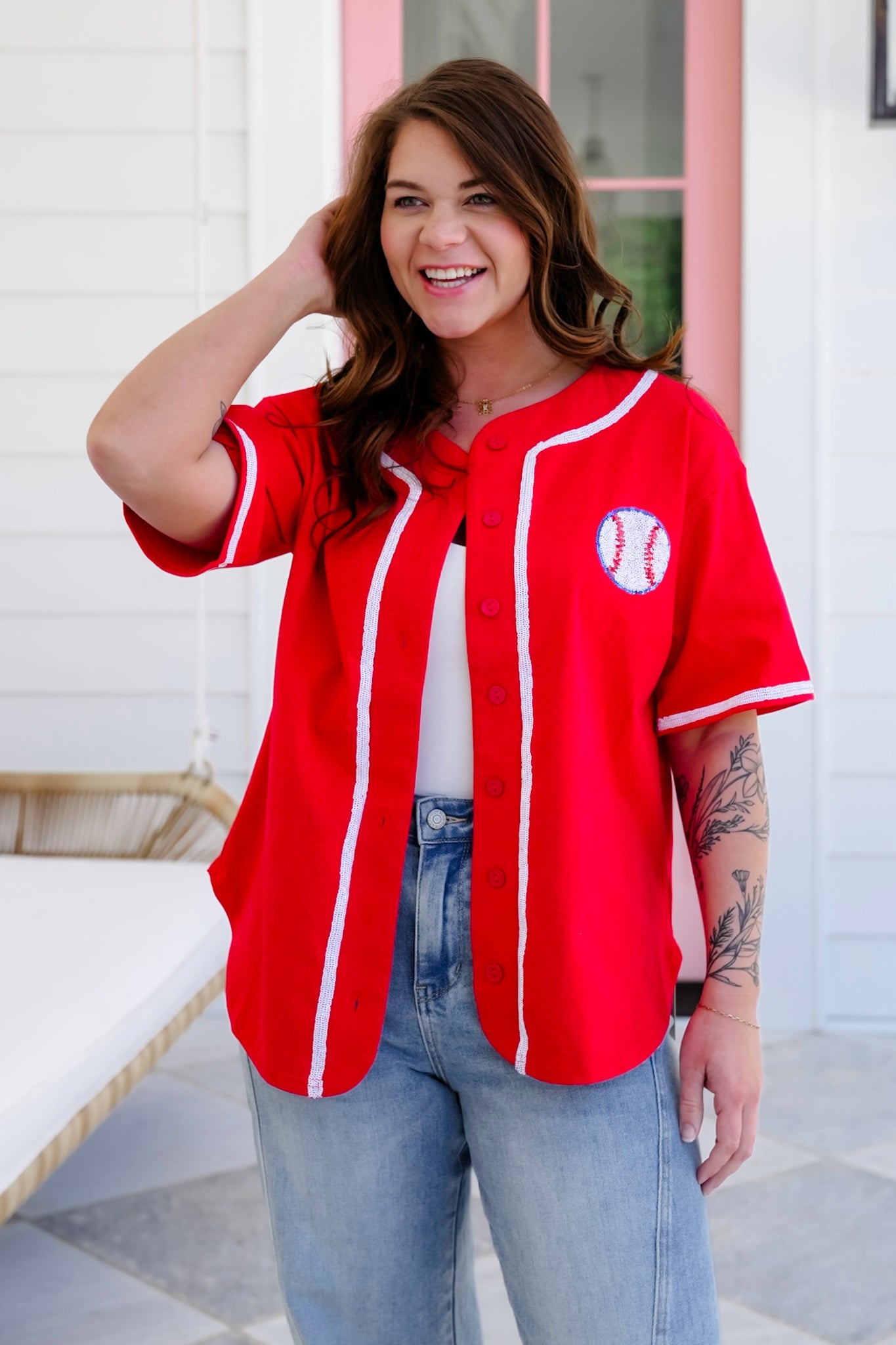 Red Short Sleeve Button Down Baseball Top with Sequin Detail