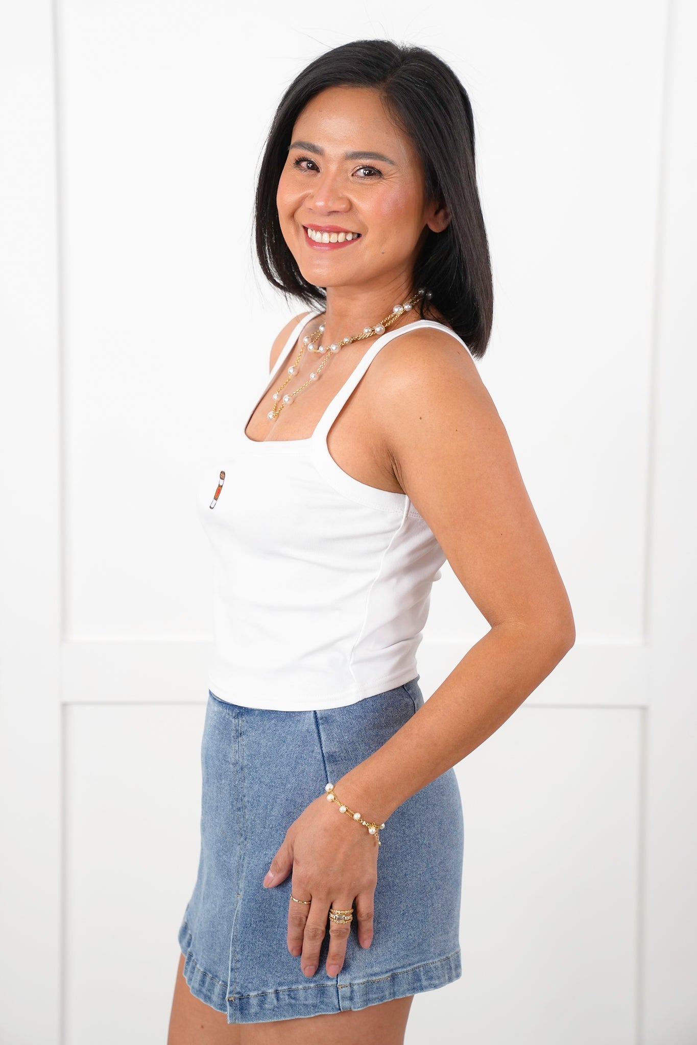 White Tank Top with Embroidered "Coffee Cup" Detail