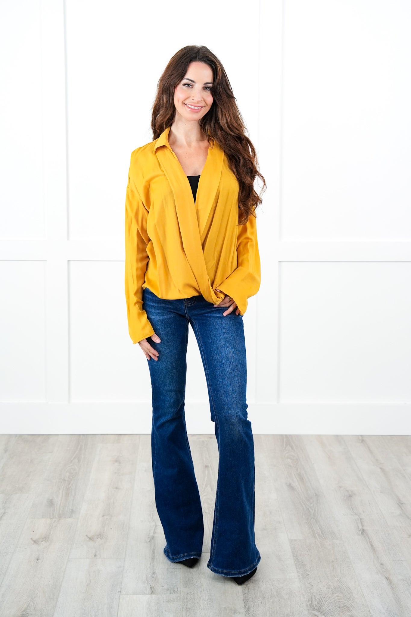 Solid Long Sleeve V Neck Wrap Blouse (Multiple Colors)