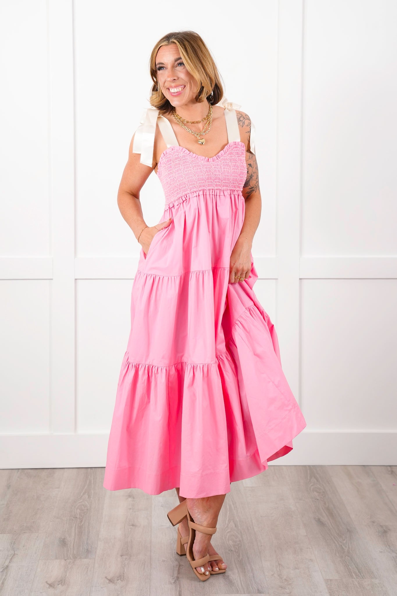 Plus/Reg Smocked Sweetheart Neckline Tiered Maxi Dress