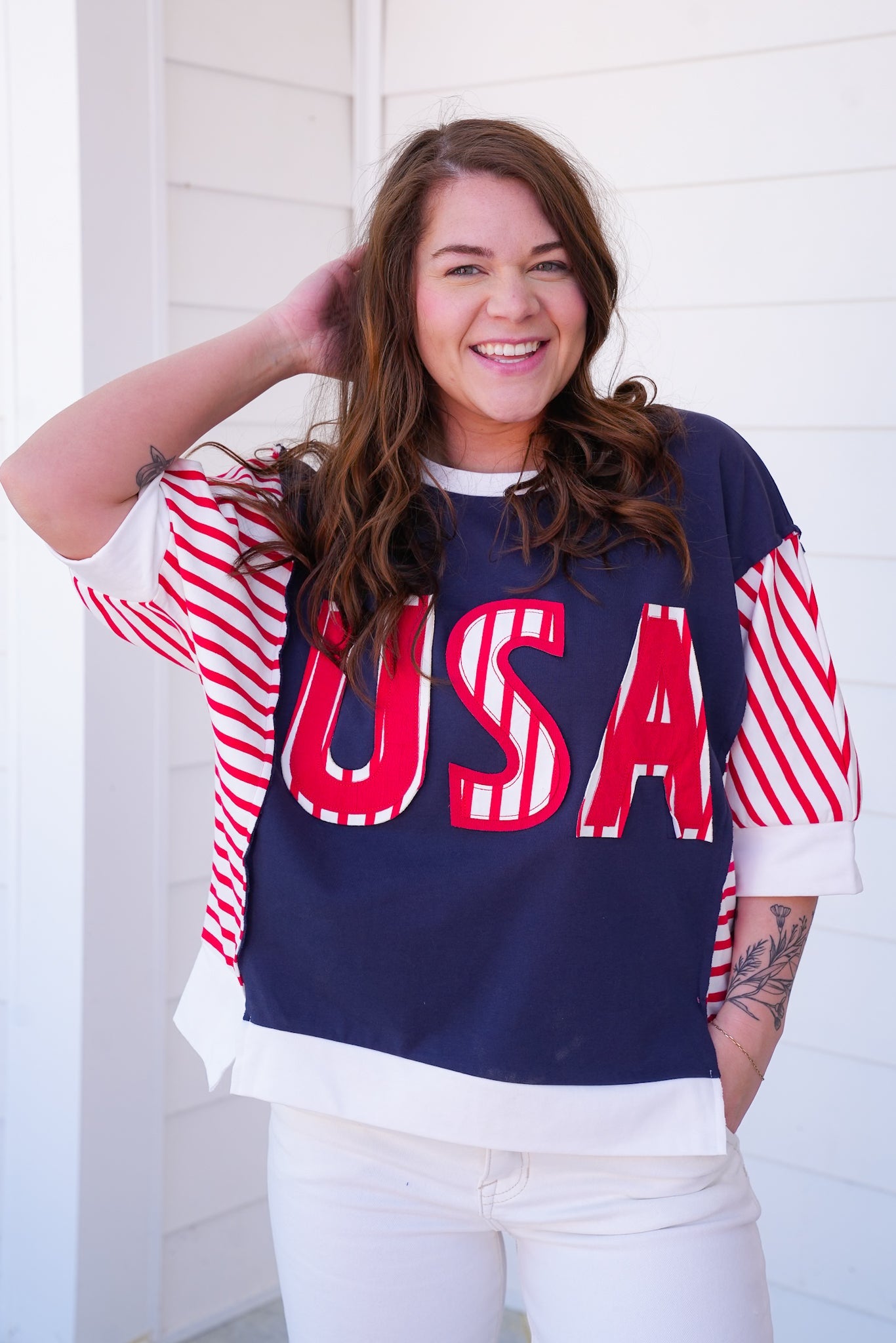 Restock! USA Lettering Patchwork Short Sleeve Pullover Top