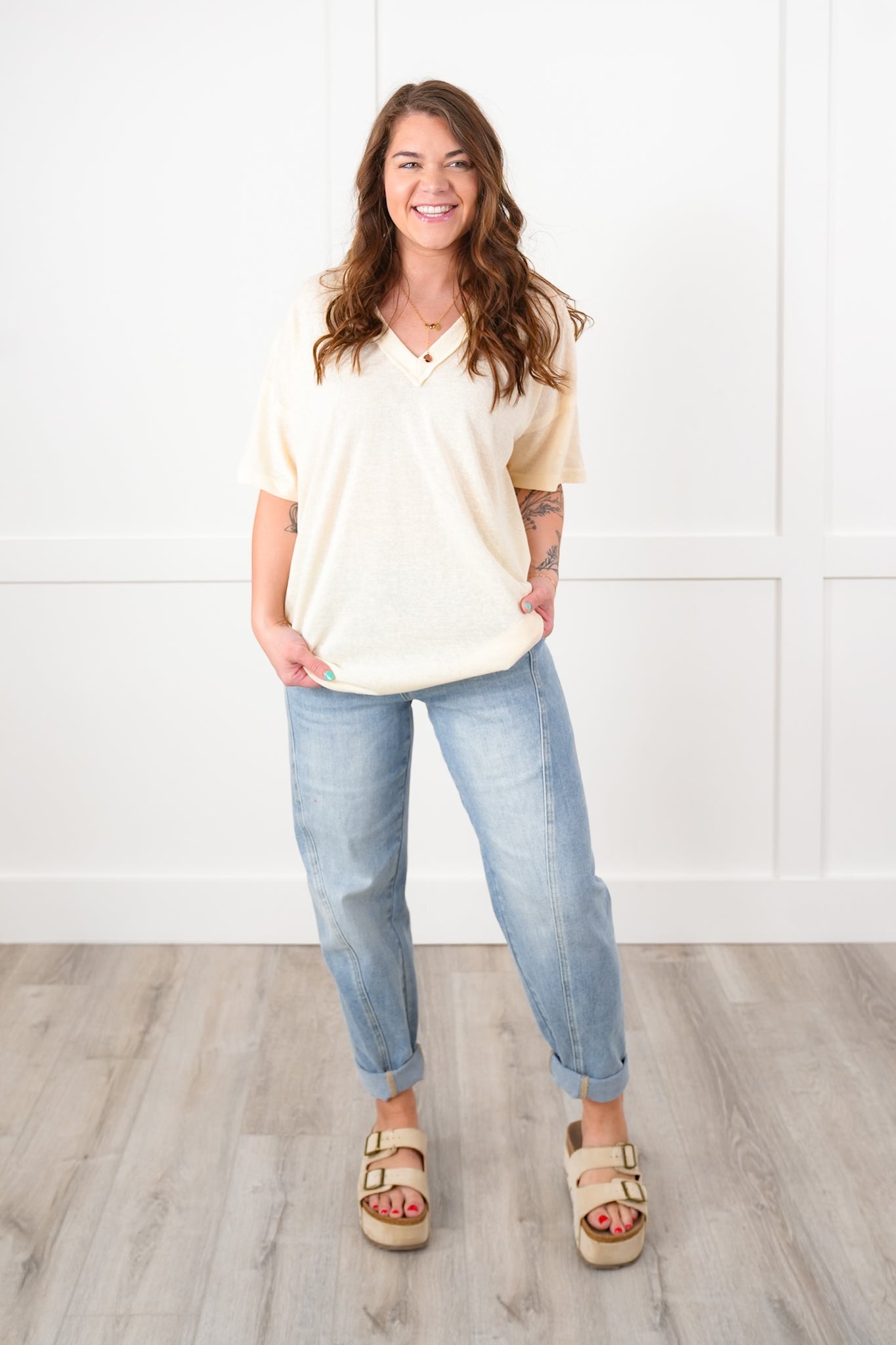 POL Stone Wash Short Sleeve V-Neck Top
