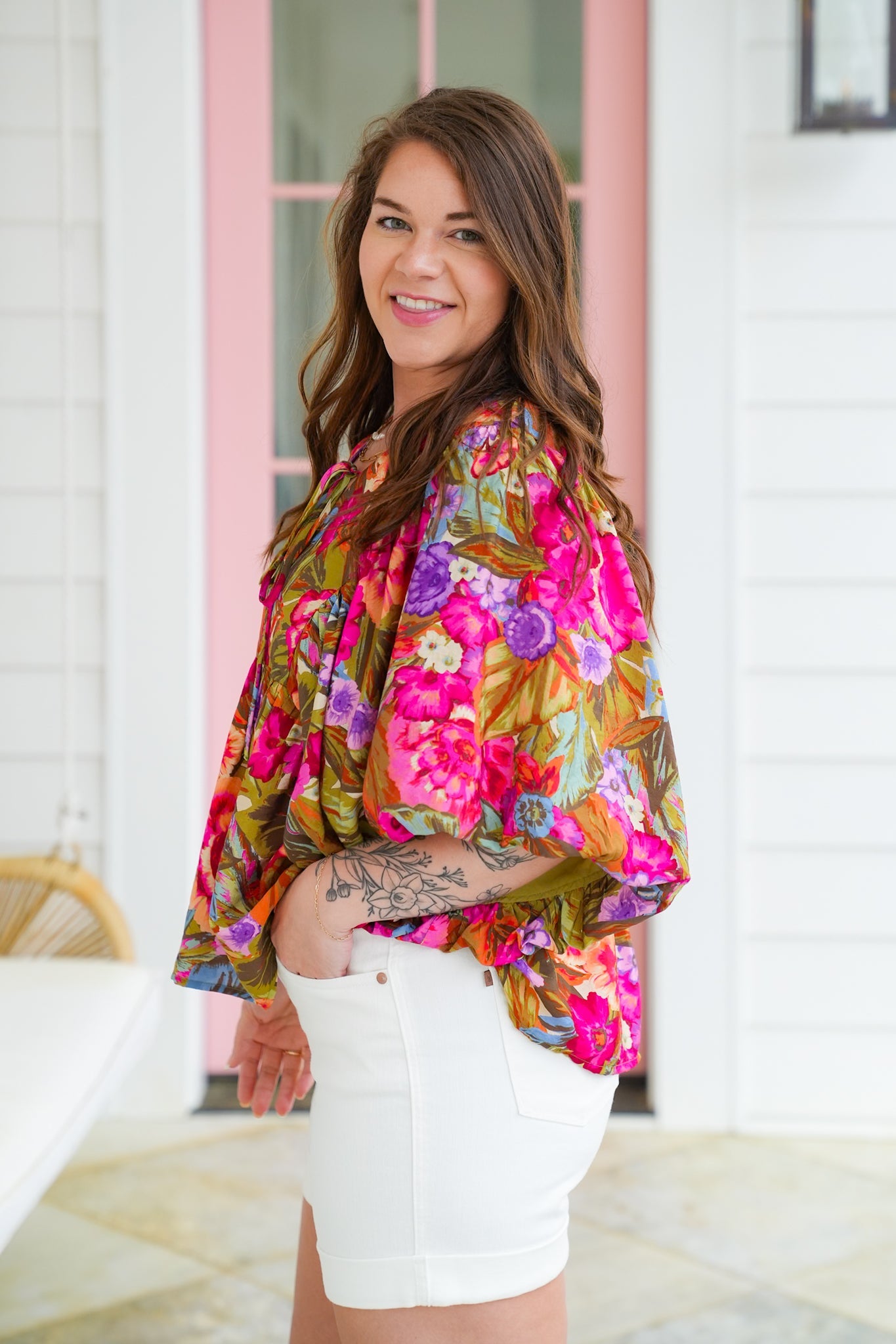 Plus/Reg Tropical Floral Print Dolman Sleeve V Neck Top