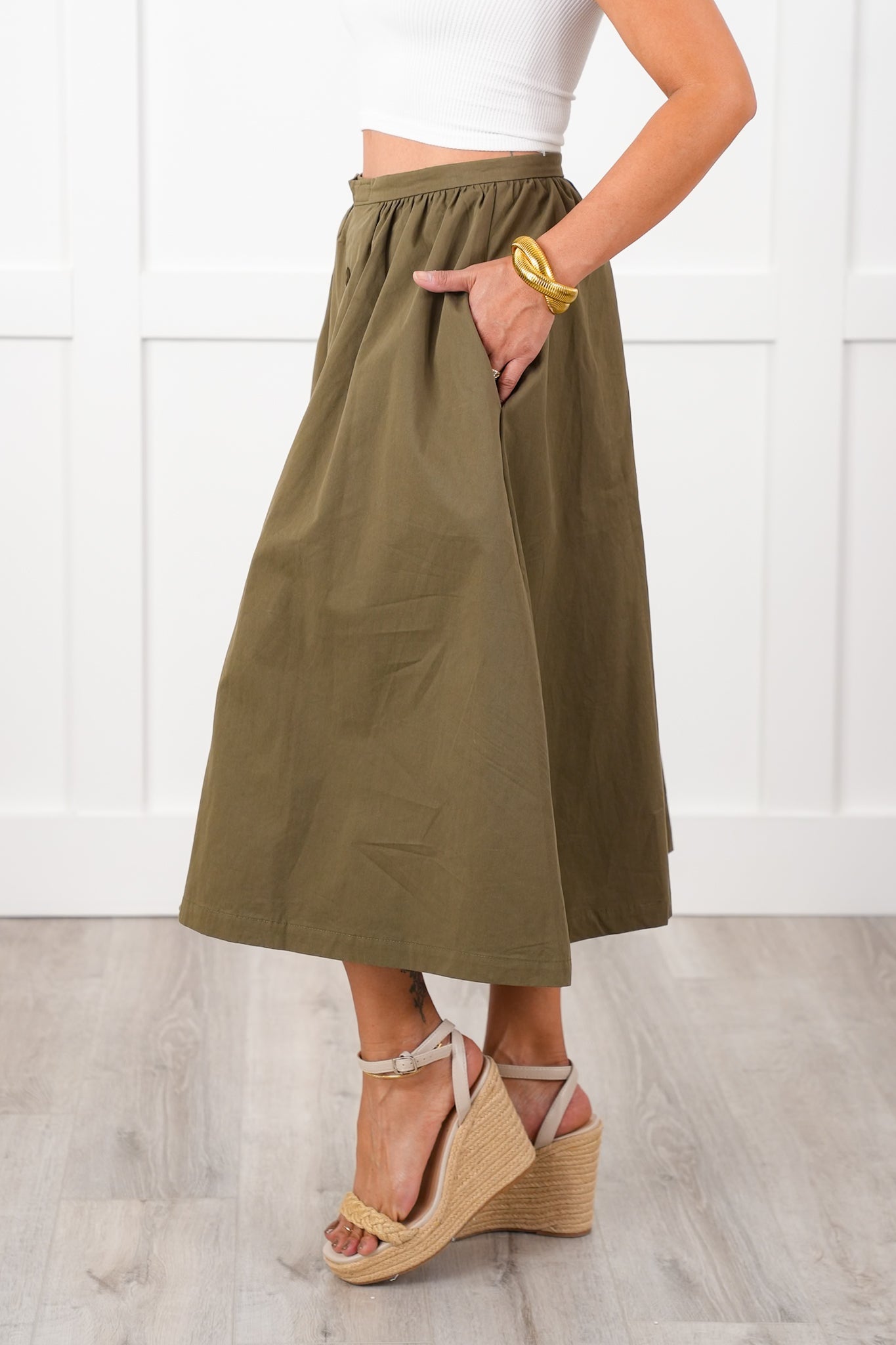 Olive Poplin Button Down Skirt with Side Pockets
