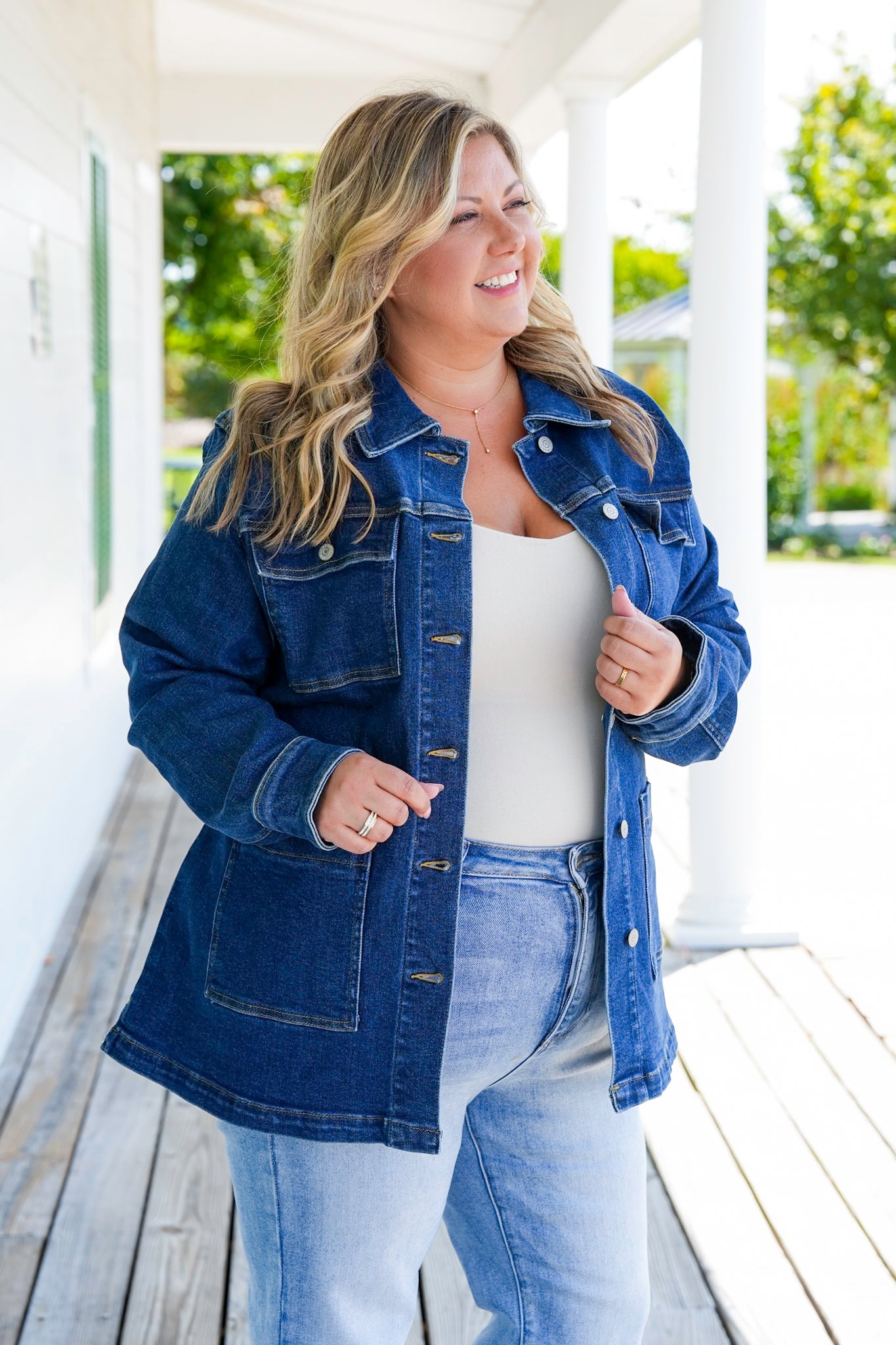 Plus/Reg Judy Blue Dark Denim Button Down Mid Length Utility Jacket