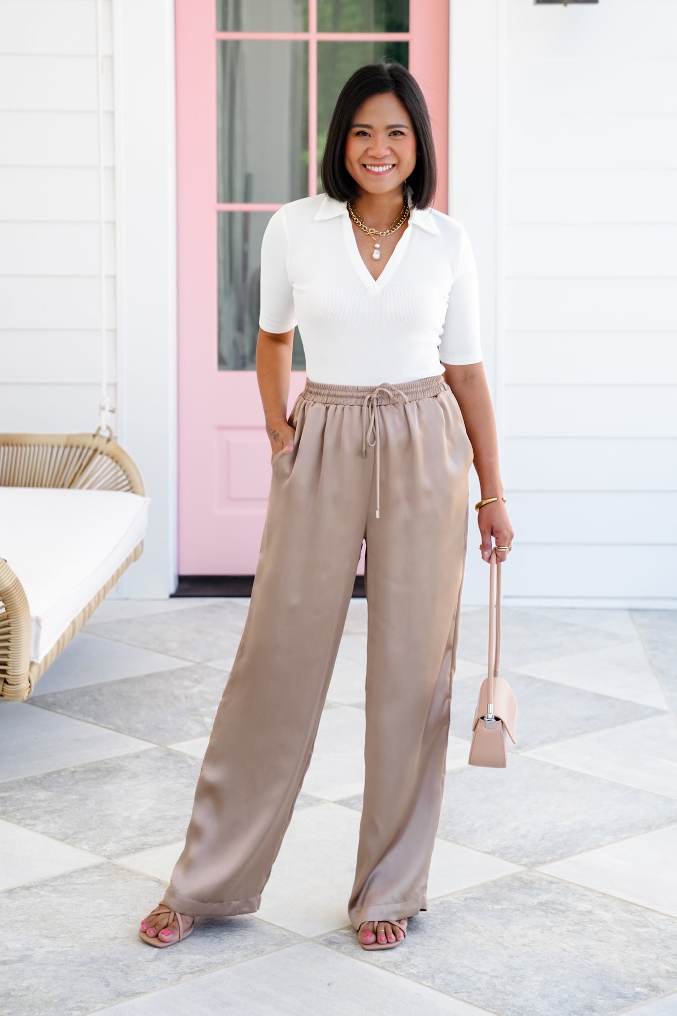 Satin Elastic High Waist Wide Leg with Side Pockets