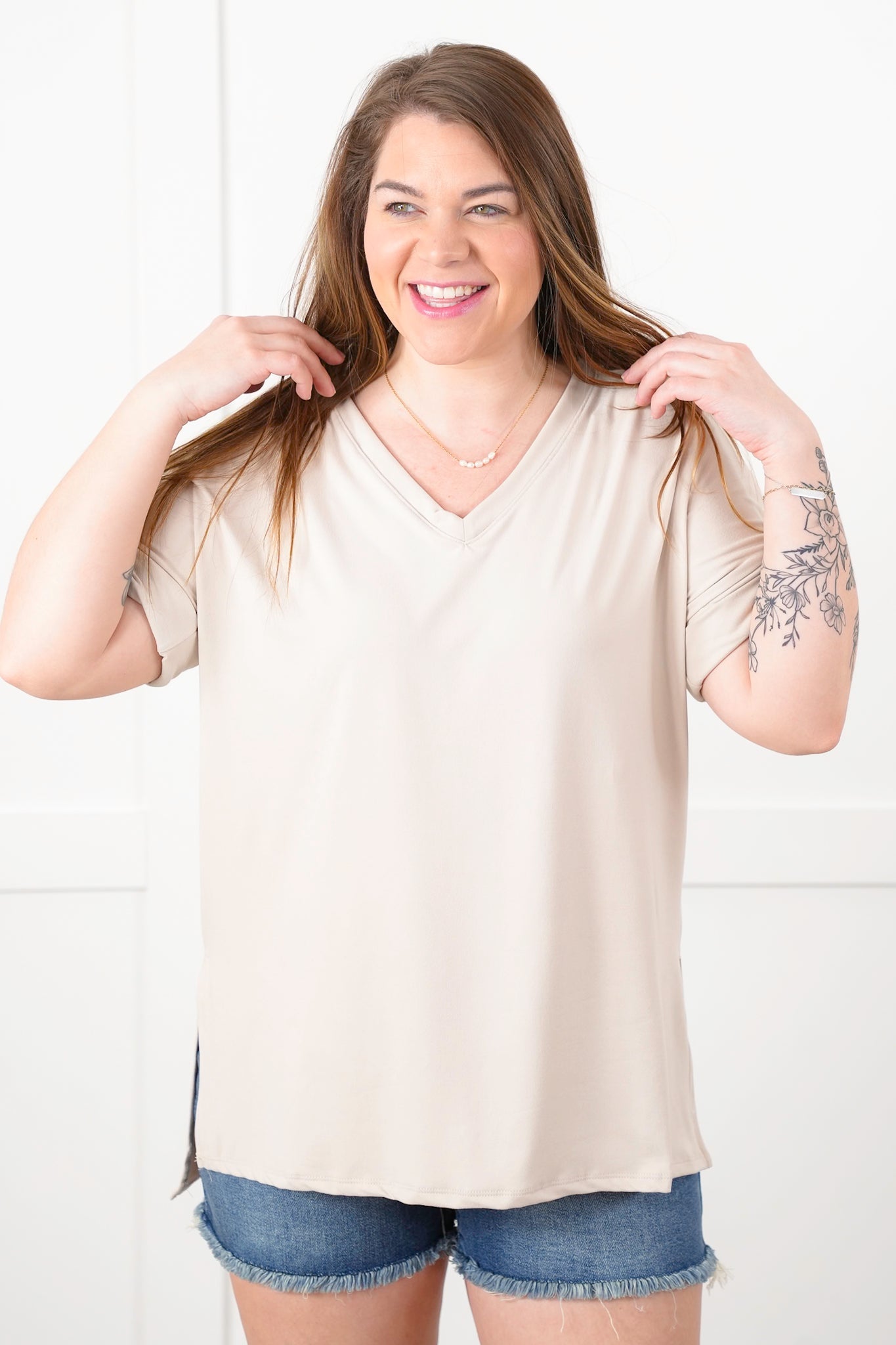 Door Buster! Zenana Rolled Short Sleeve V-Neck Top with Side Slit High-Low Hem