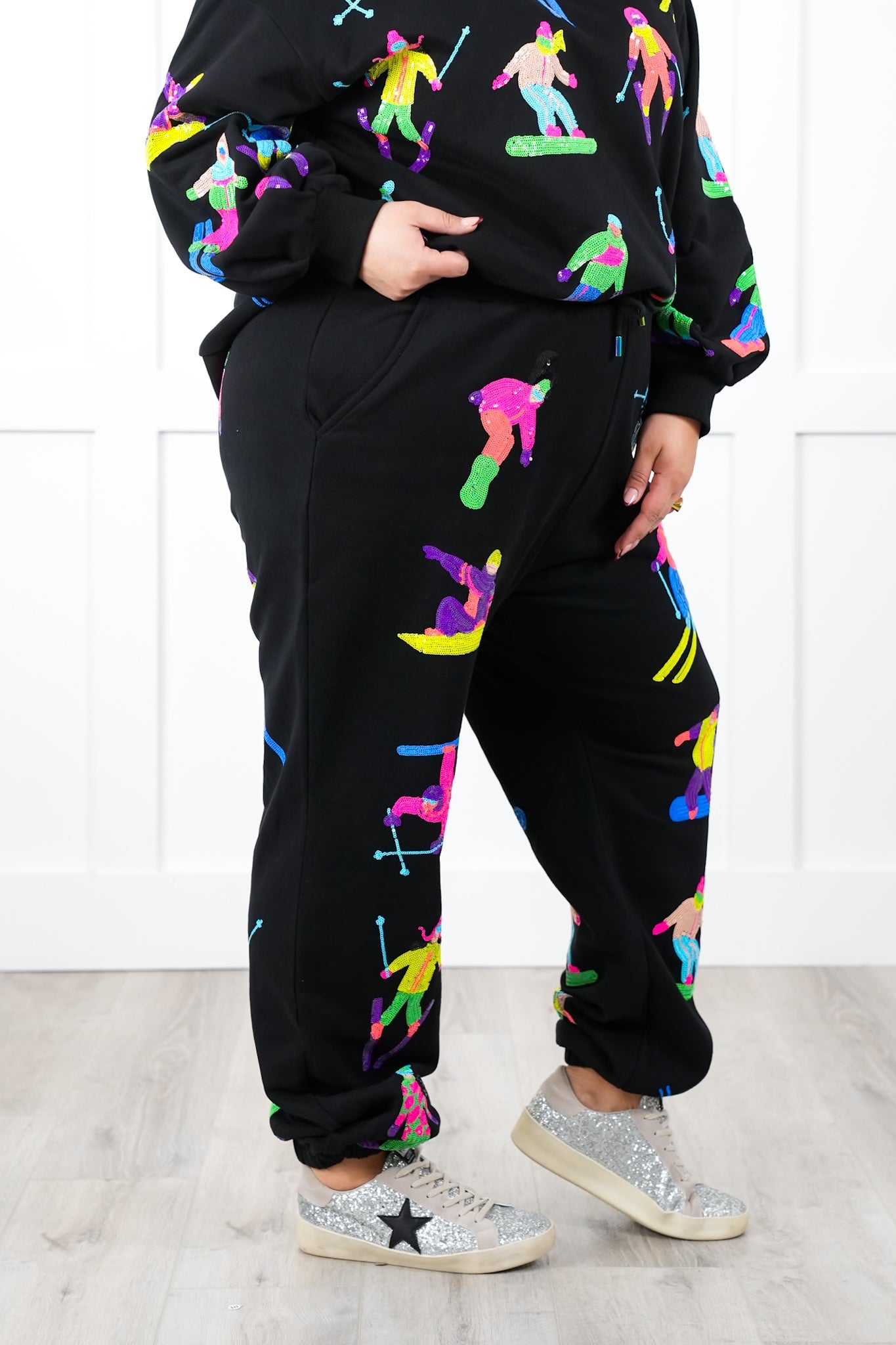 Plus/Reg Queen Of Sparkles All Over Neon Sequin Skiers Elastic Waist Joggers