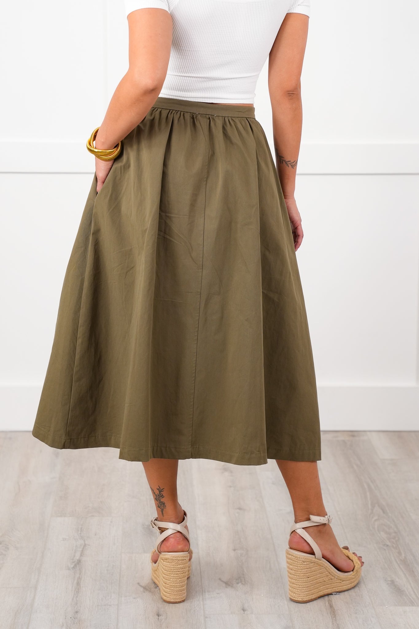 Olive Poplin Button Down Skirt with Side Pockets
