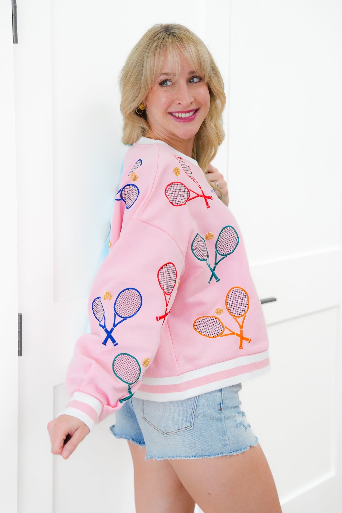 Plus/Reg Queen Of Sparkles Long Sleeve Color Block Sweatshirt with Sequin Tennis Detail