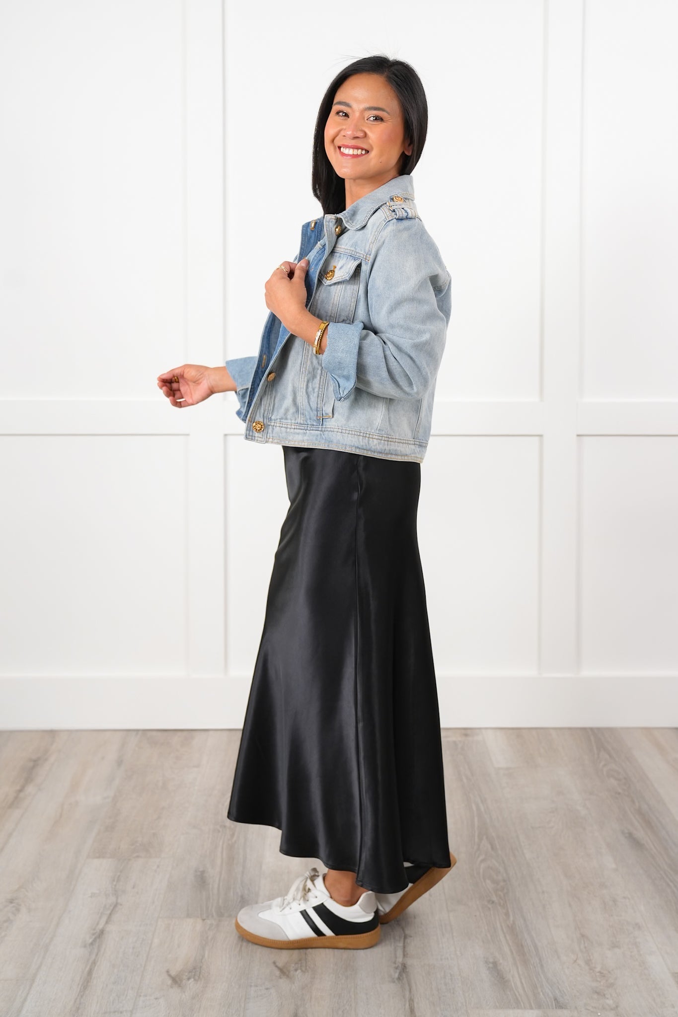 Black Satin A-Line Midi Skirt with Side Zipper