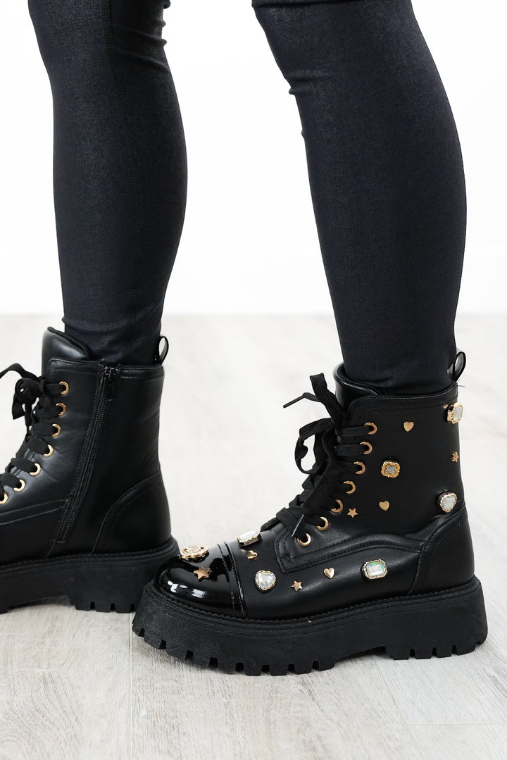 Lace Up Boot with Rhinestone Charms