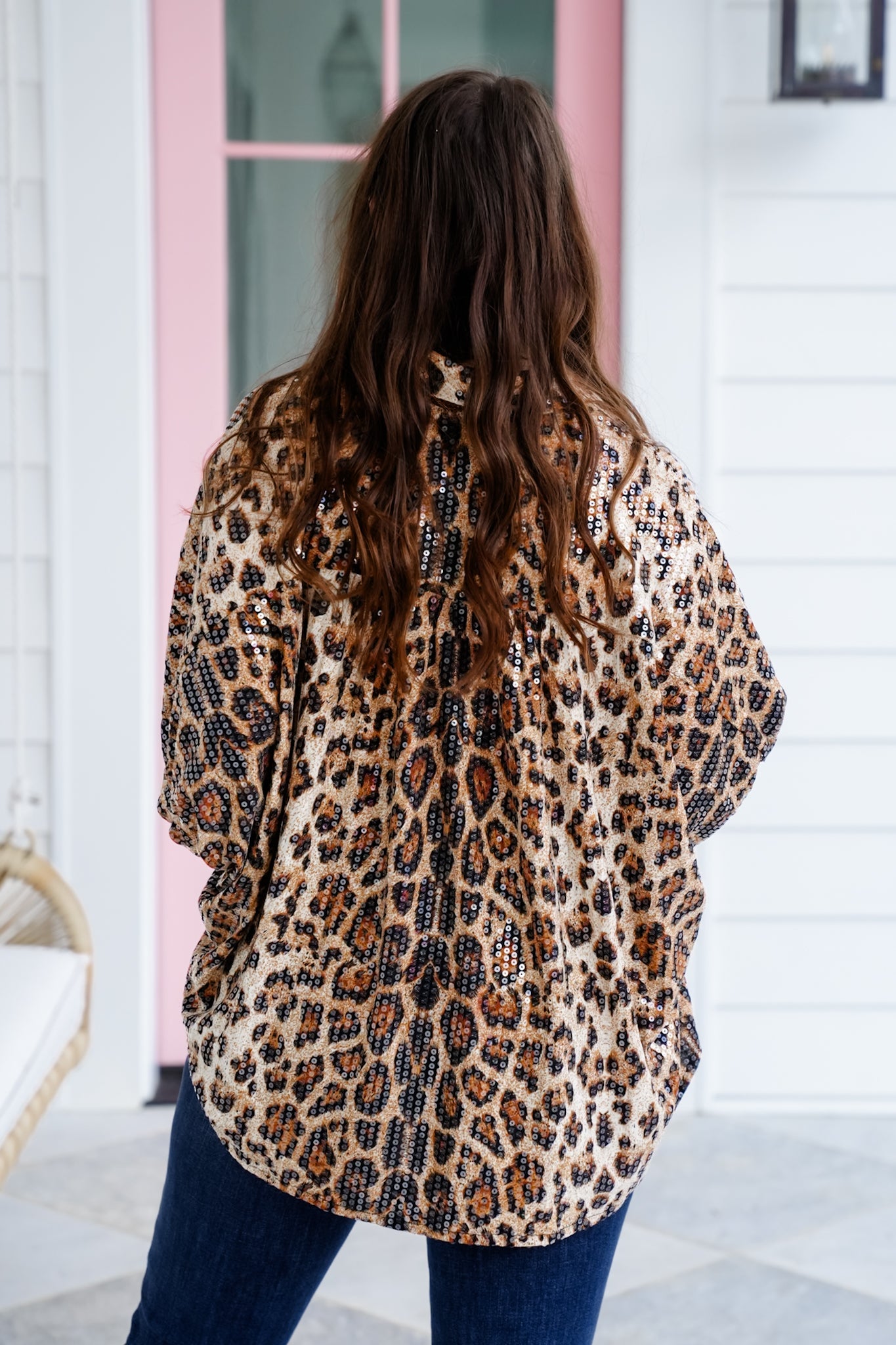 Leopard Short Dolman Sleeve Button Down High Low Top with Clear Sequin Detail