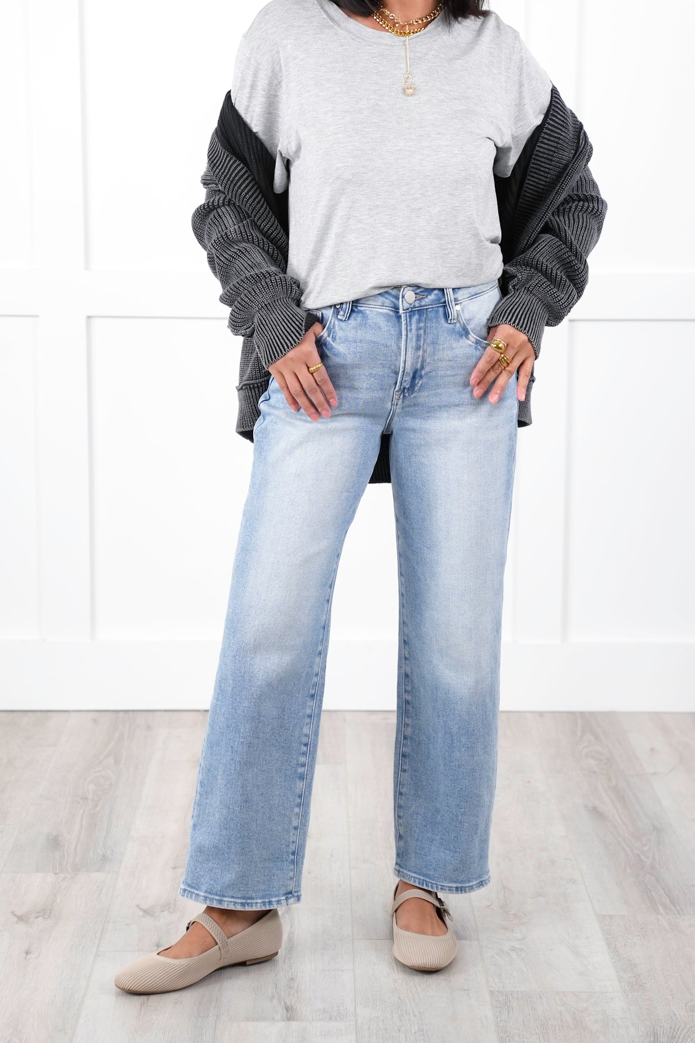 Risen High Rise Light Wash Ankle Barrel Jeans with Cuff