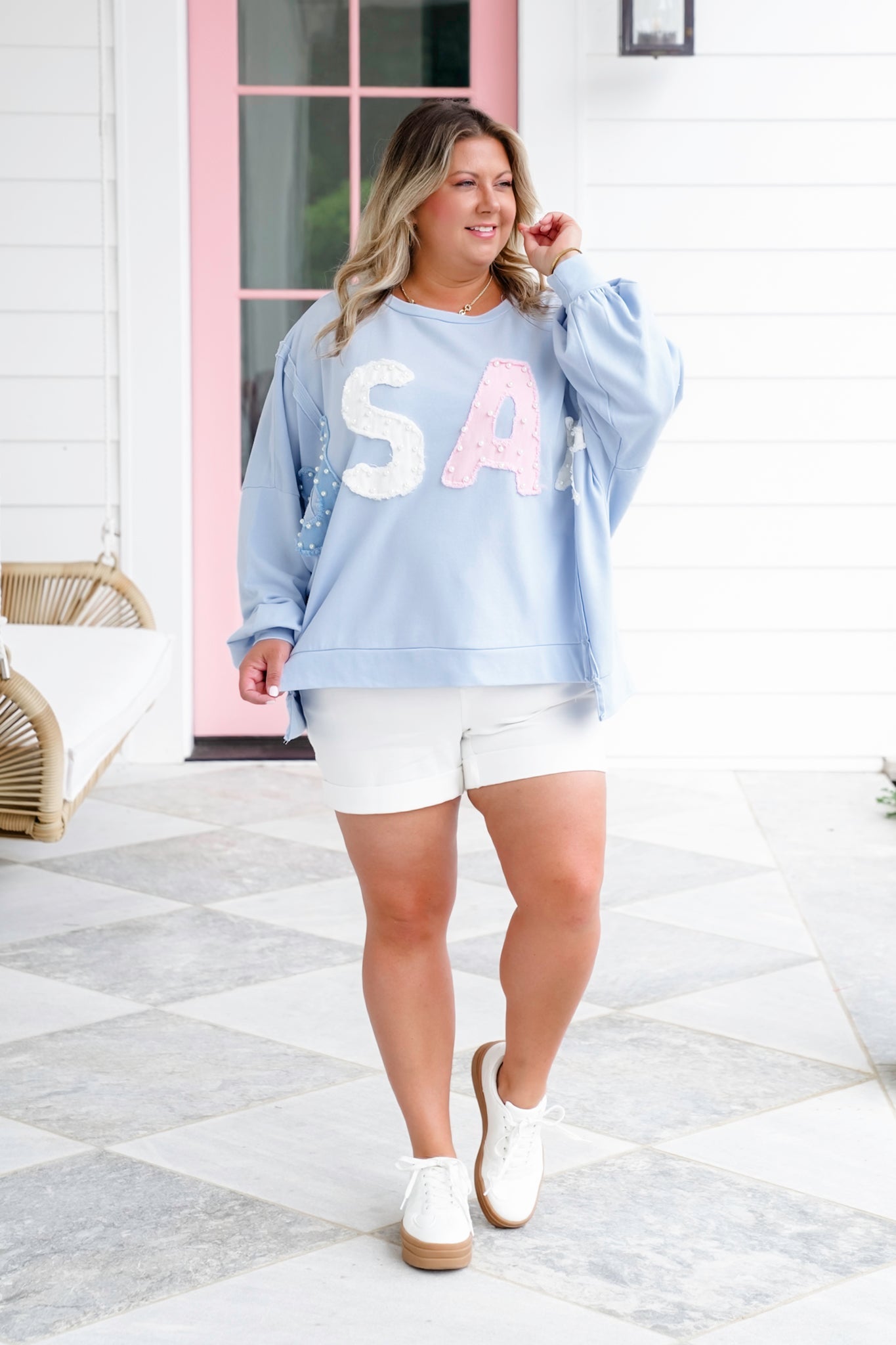 Long Sleeve "USA" Patch Pullover with Pearl Detail