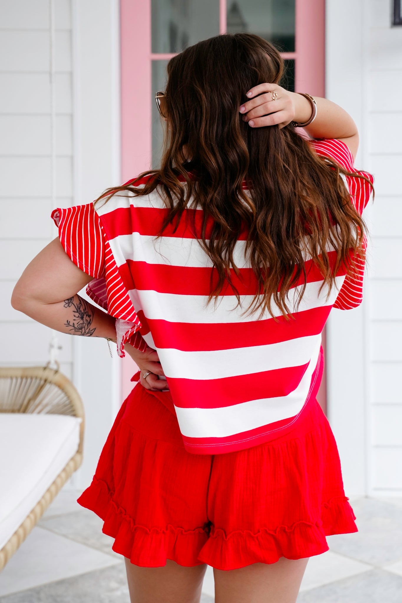 Stripe Ruffle Sleeve Top with Leopard "USA" Detail