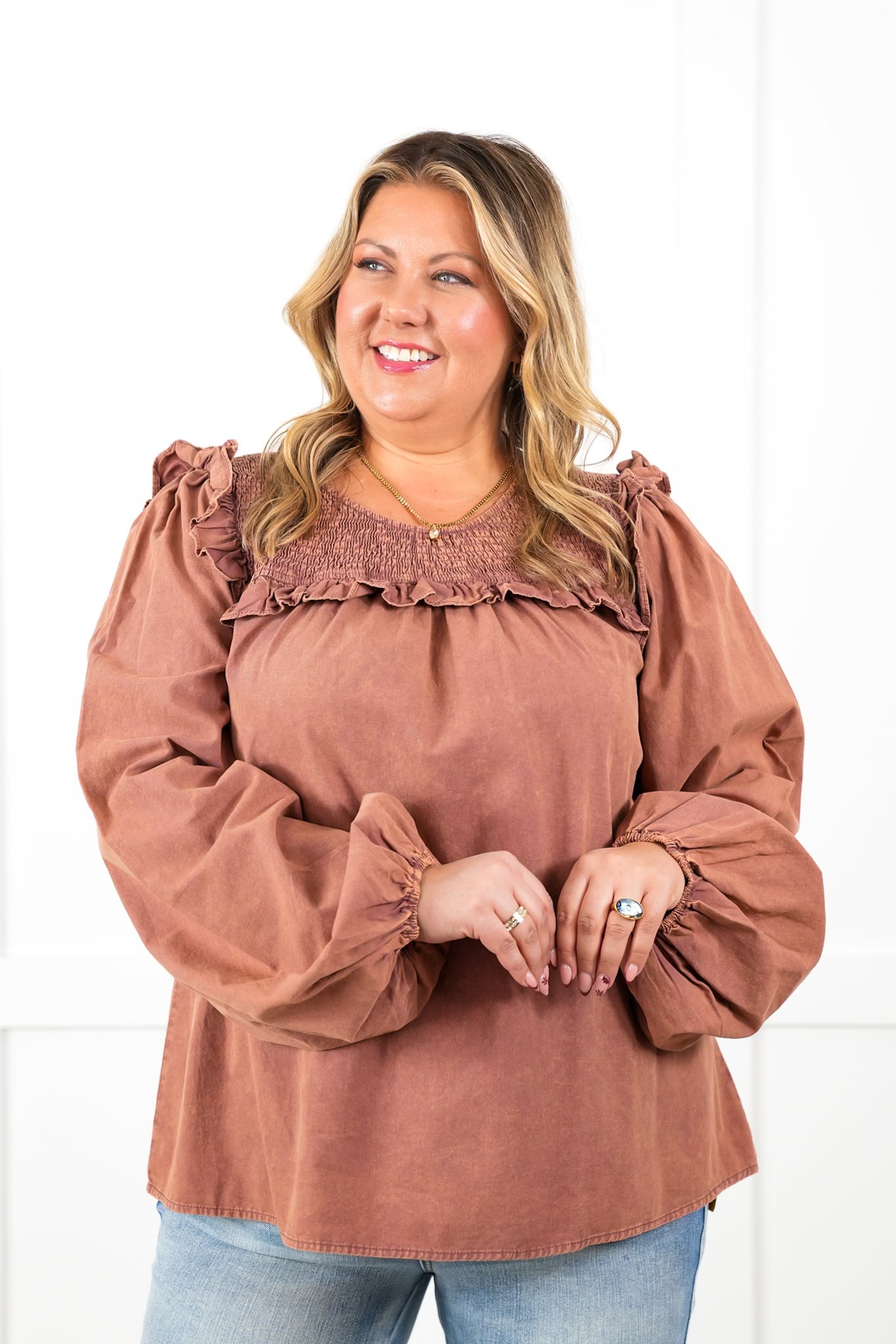 Plus/Reg Mineral Wash Long Sleeve Smocked Neck Top