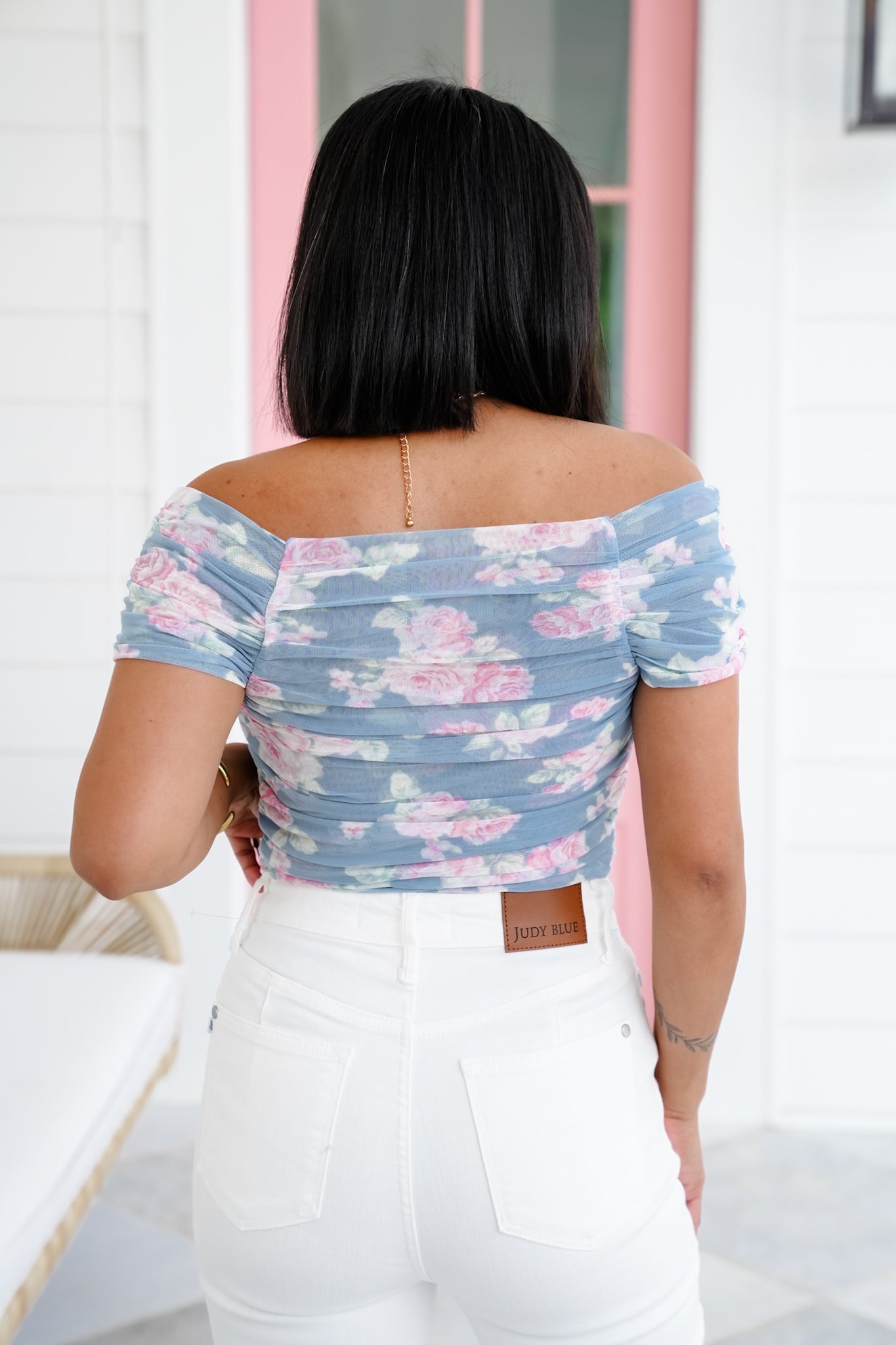Floral Mesh Square Neck Top with Clinched Detail