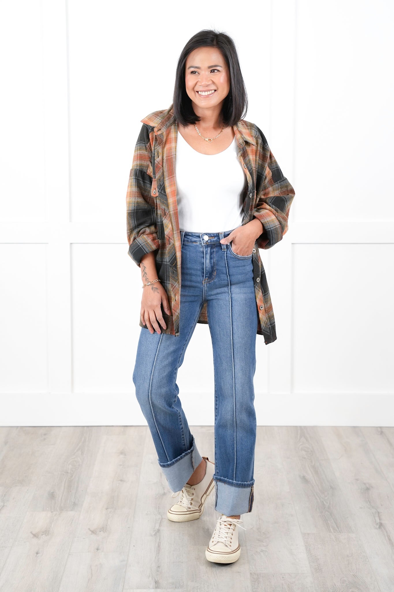 Risen High Rise Medium Wash Wide Leg Straight Cuffed Ankle Jeans