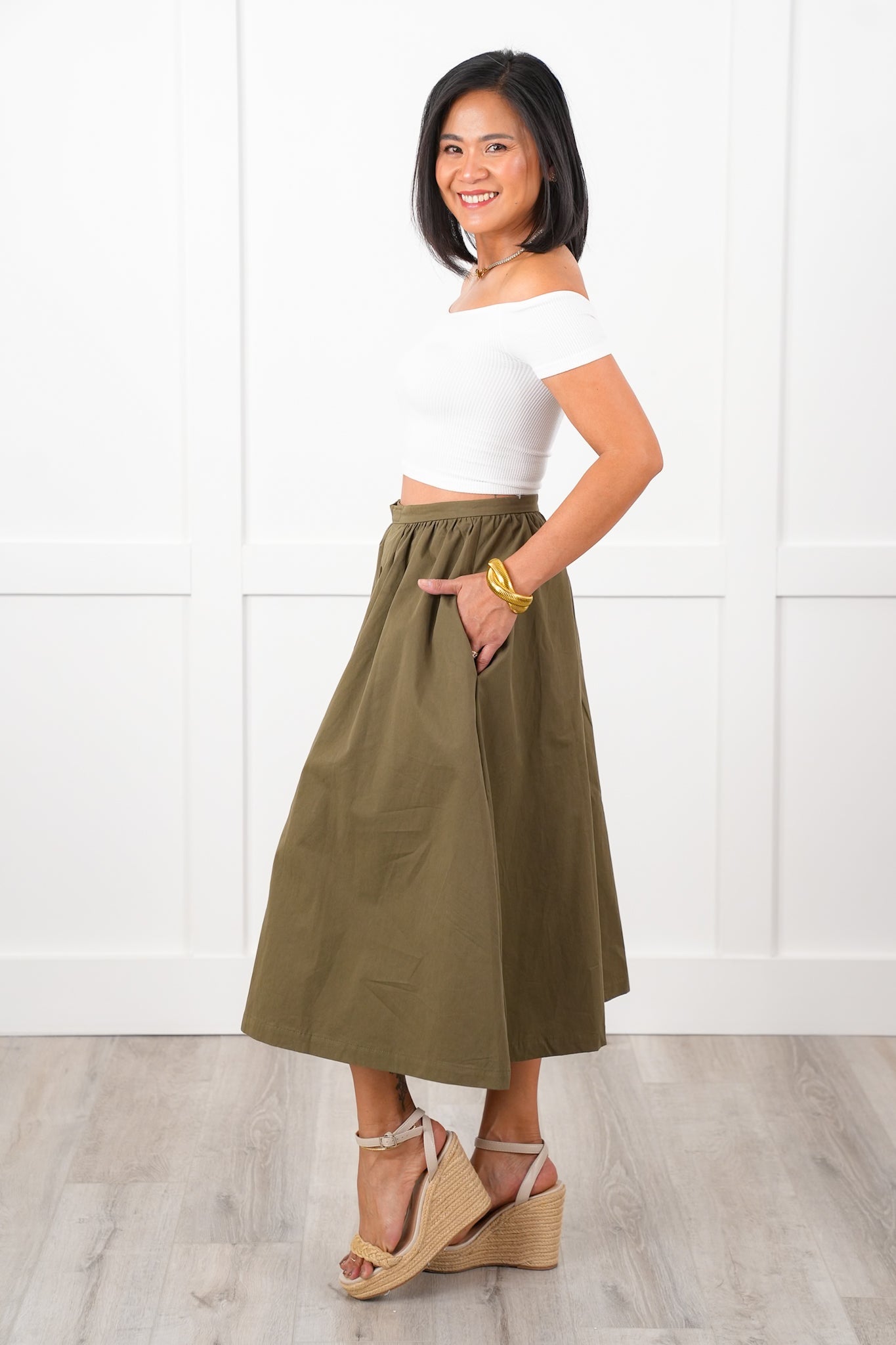 Olive Poplin Button Down Skirt with Side Pockets