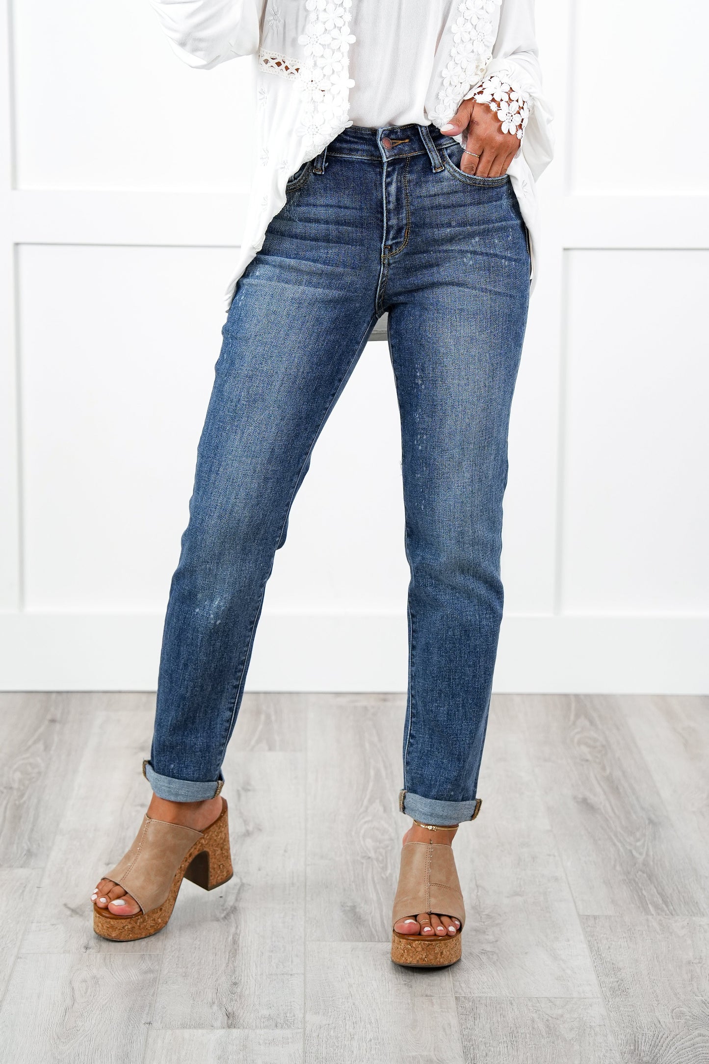 Judy Blue Bethany Bleach Dark Wash High Rise Bleach Splash Boyfriends