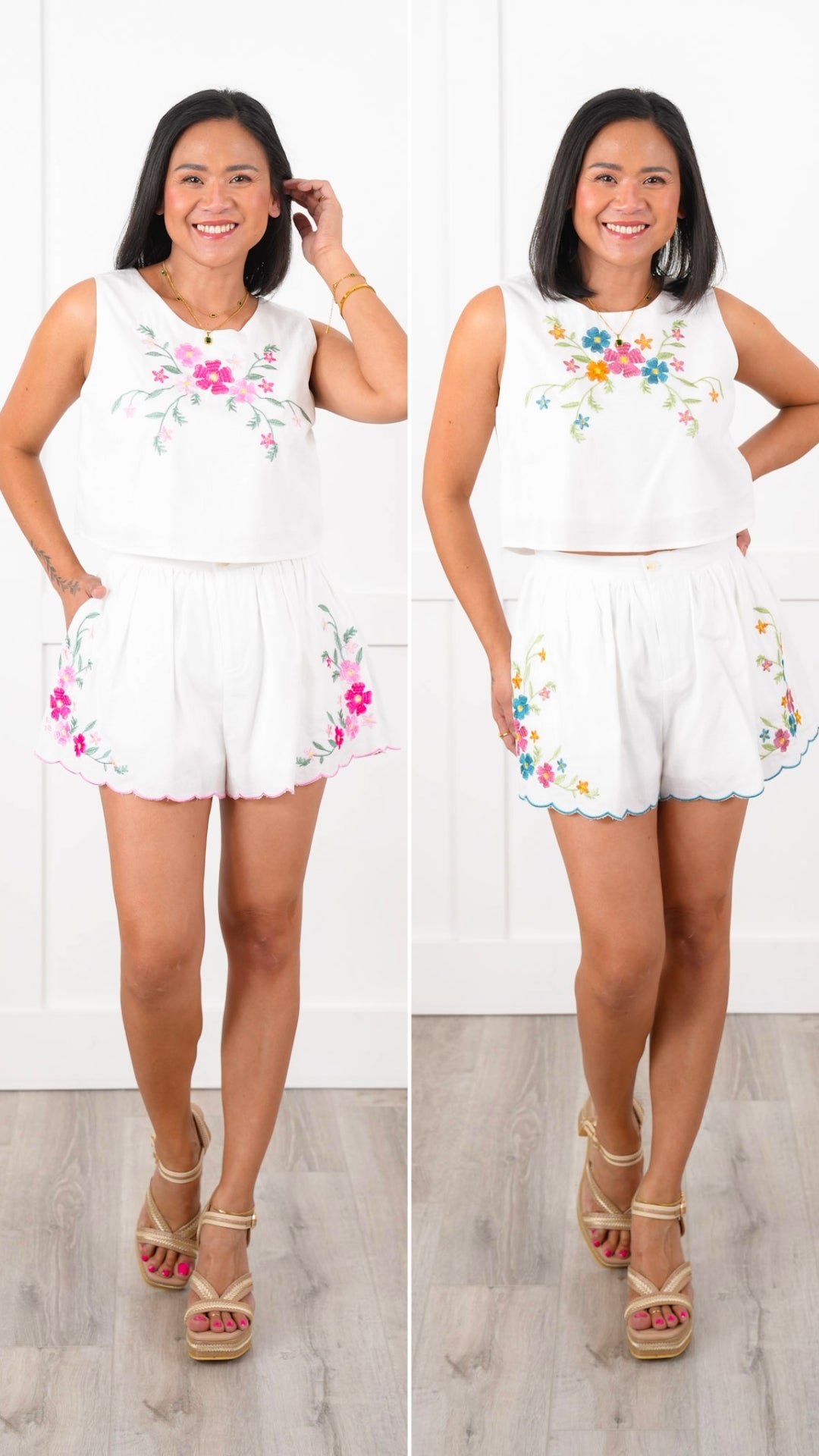 Sleeveless Floral Embroidery Top with Shorts Set