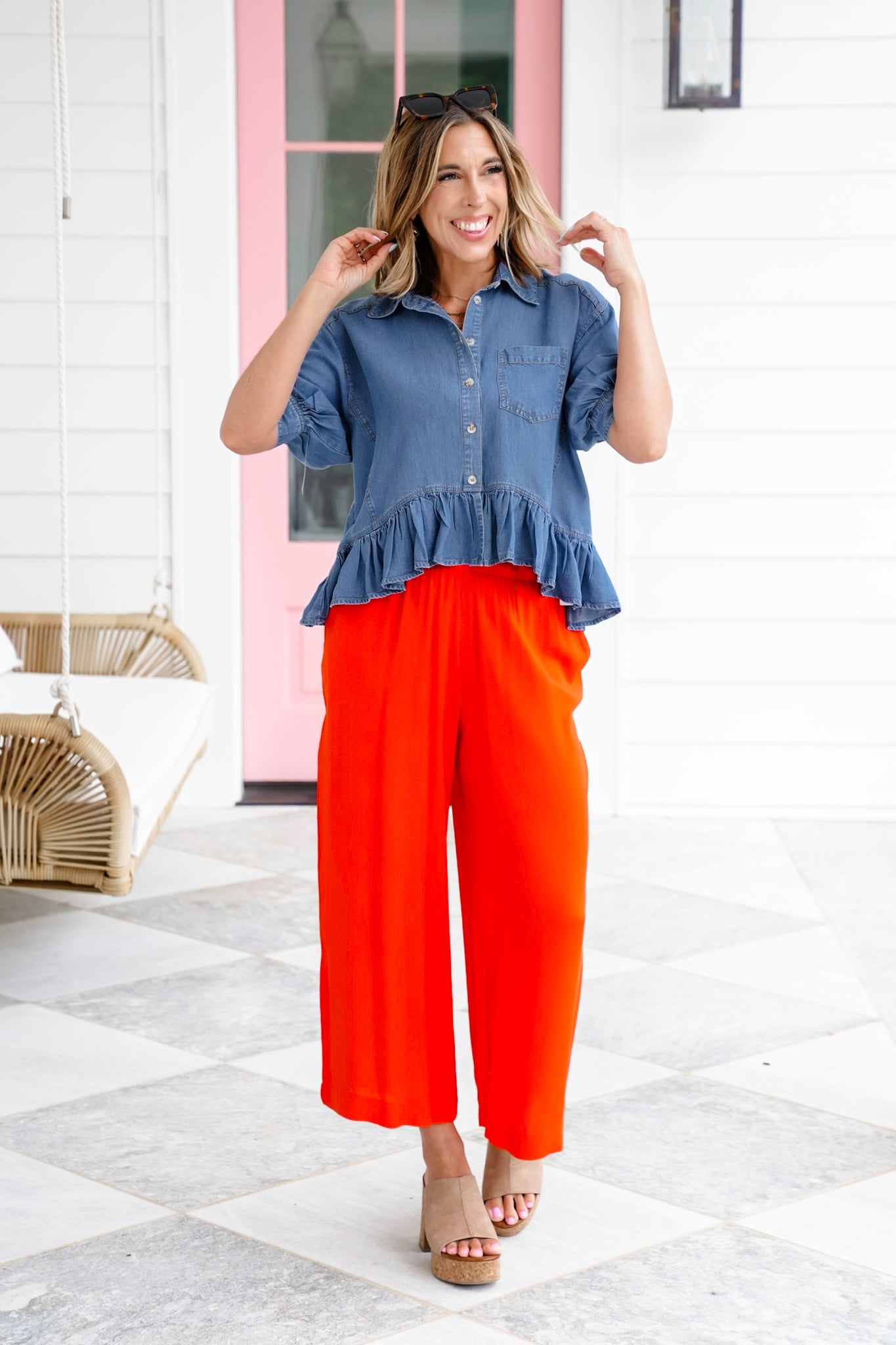 Short Sleeve Button Down Top with Ruffle Detail
