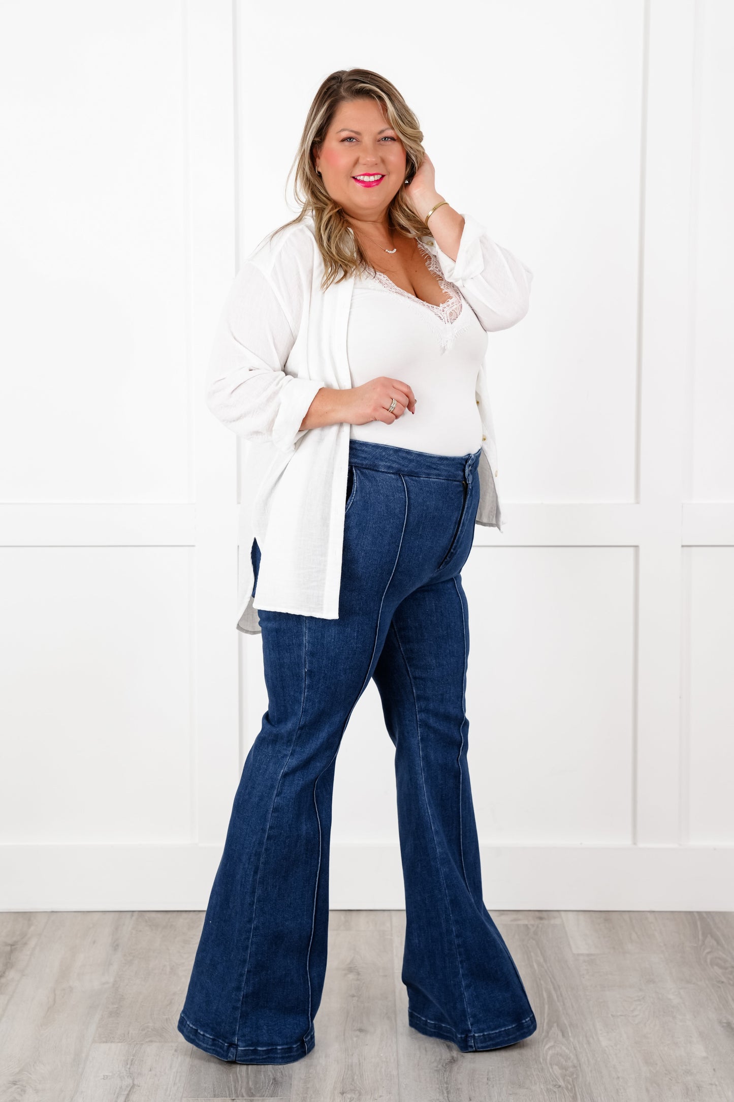 Special A High Rise Dark Wash Tummy Control Flare Jeans with Front Seam Detail