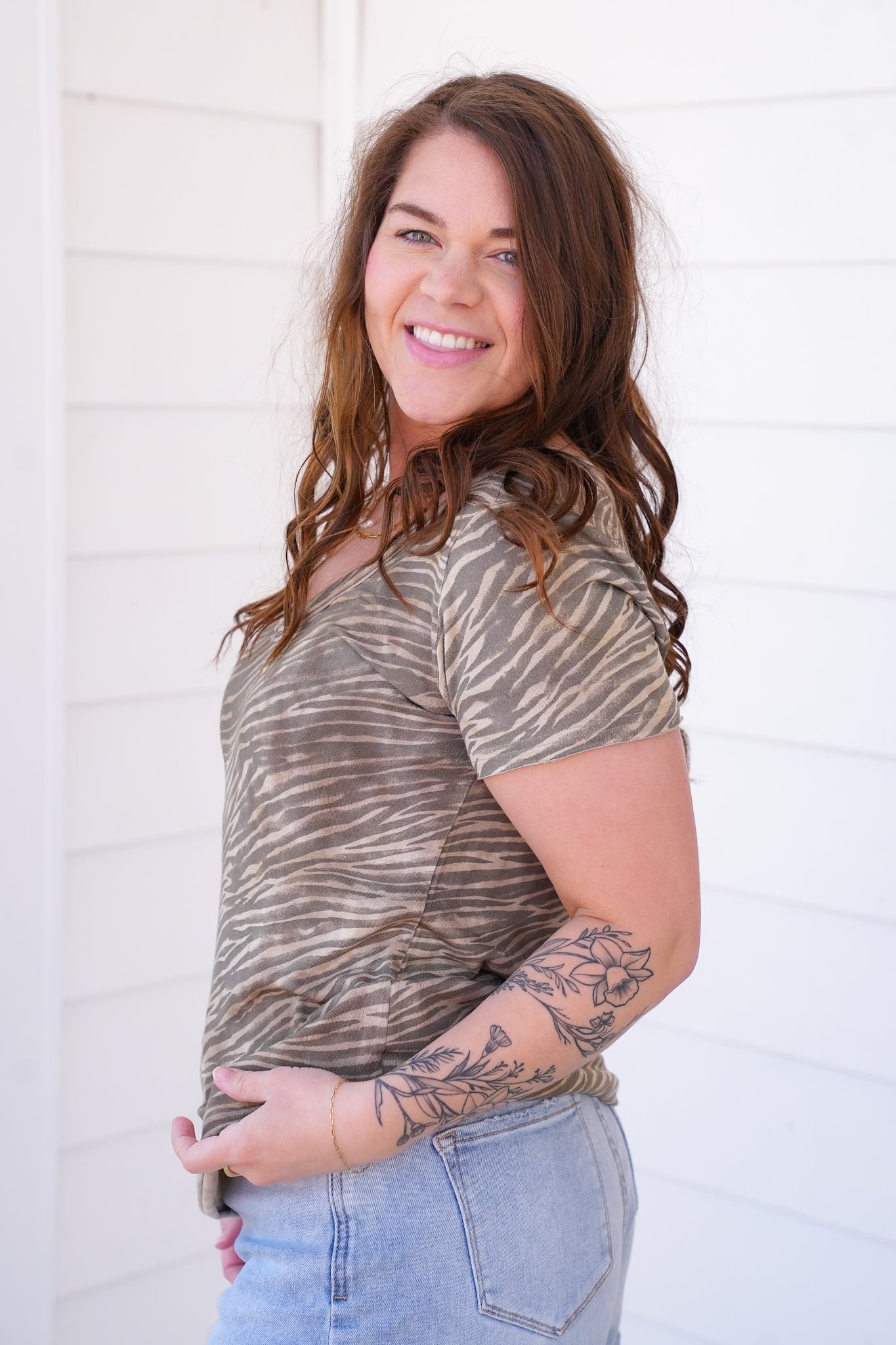 POL Zebra Print Short Sleeve V Neck Top