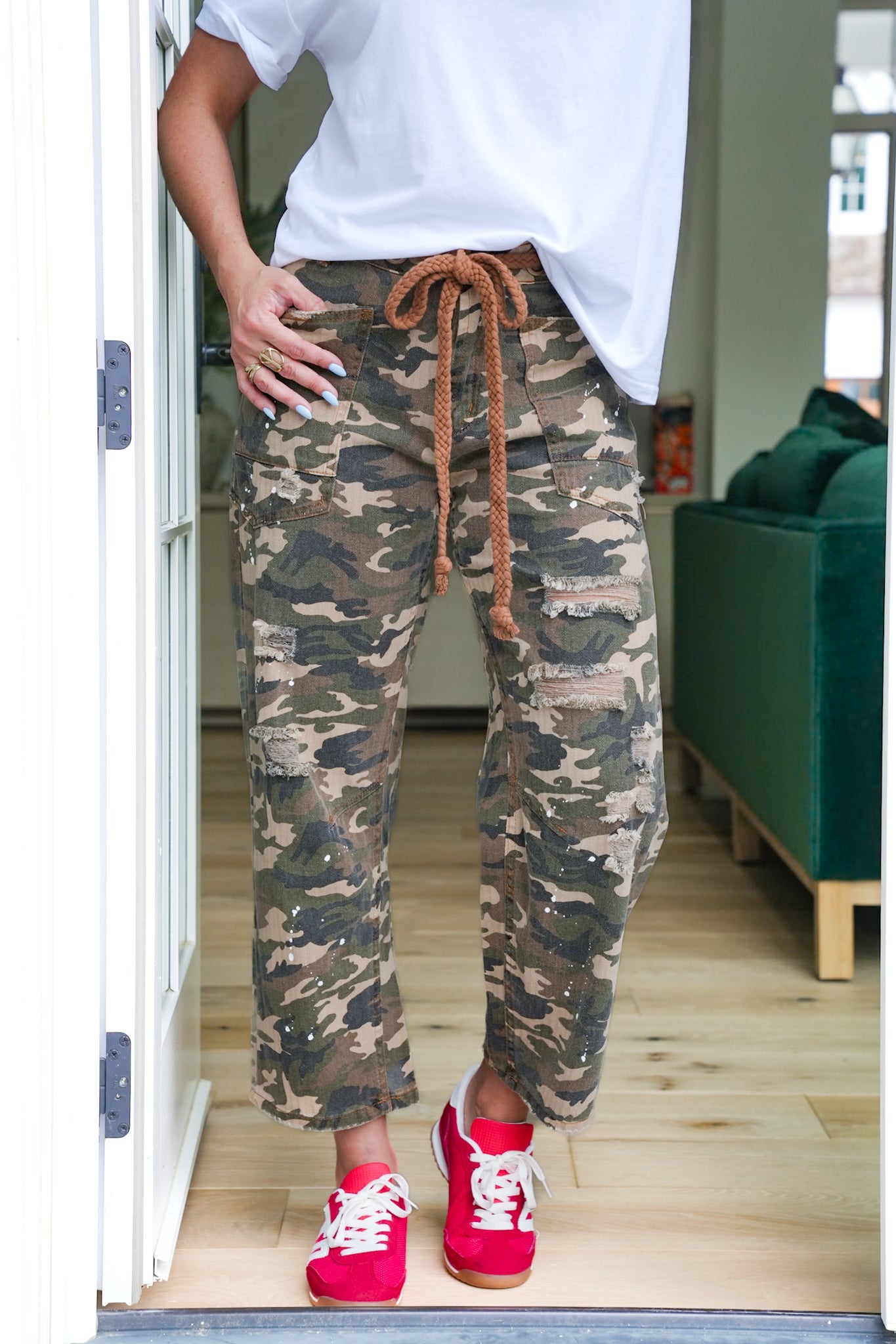 Distressed Camel Camo Pants with Paint Splatter Detail