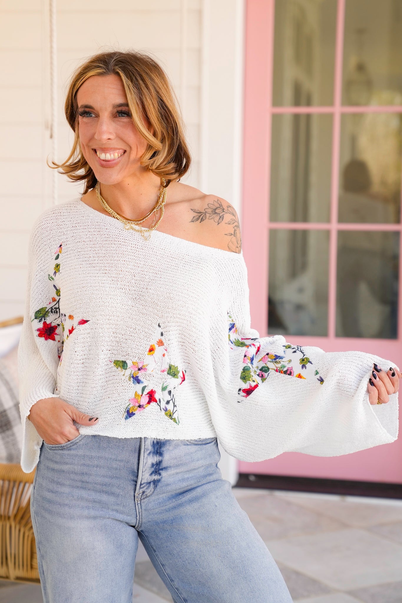 POL Long Dolman Sleeve Cropped Sweater with Floral Star Patch Detail
