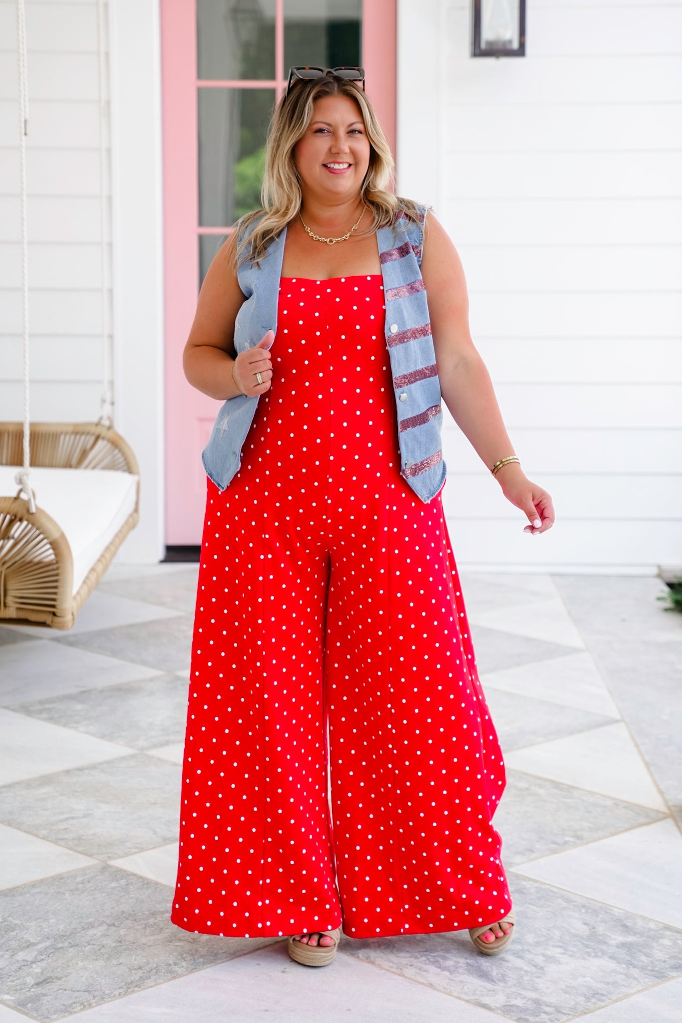 Denim Sleeveless Button Up Vest with Stars & Stripe Sequin Detail