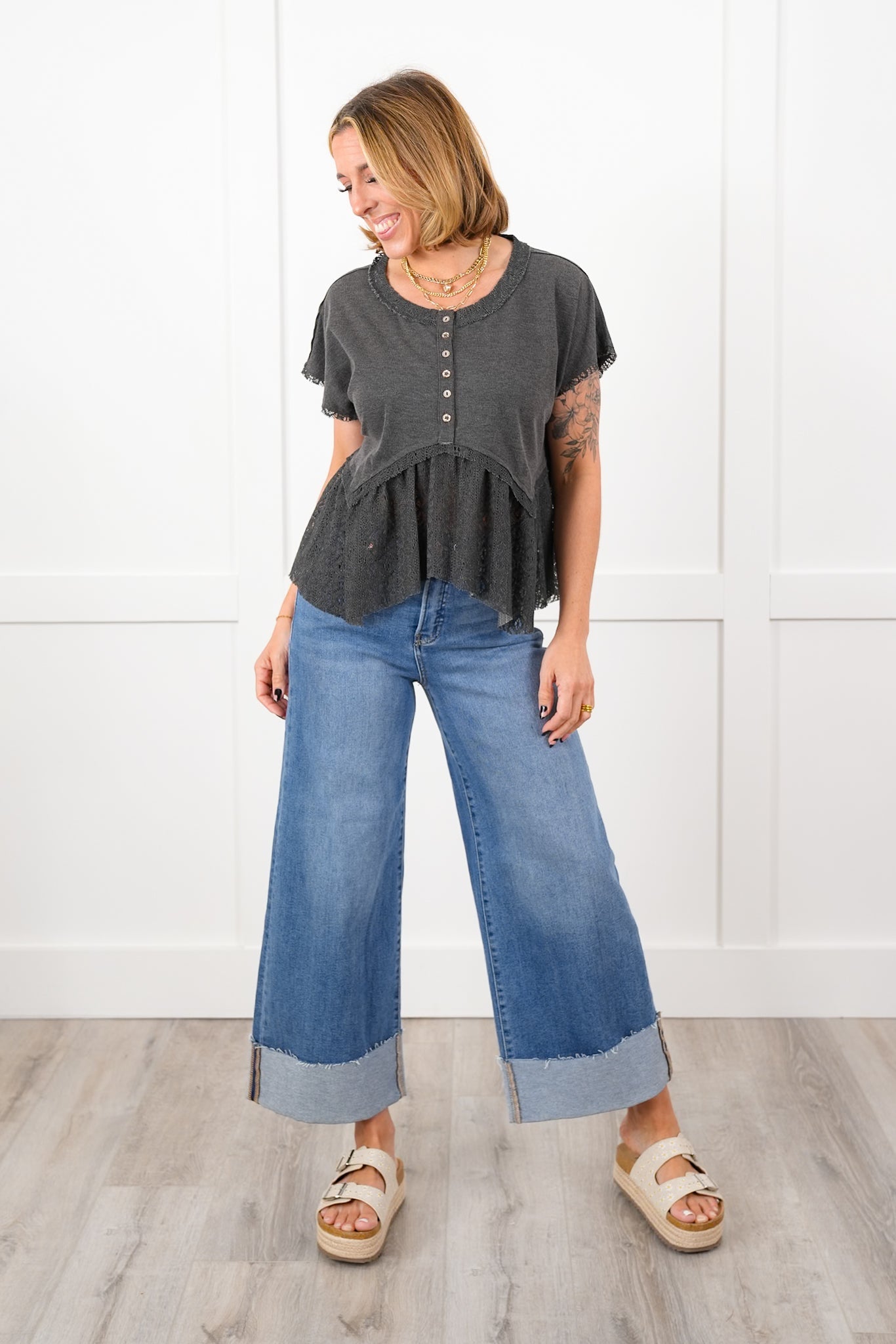 POL Short Sleeve Button Up Knit Top with Crochet Detail