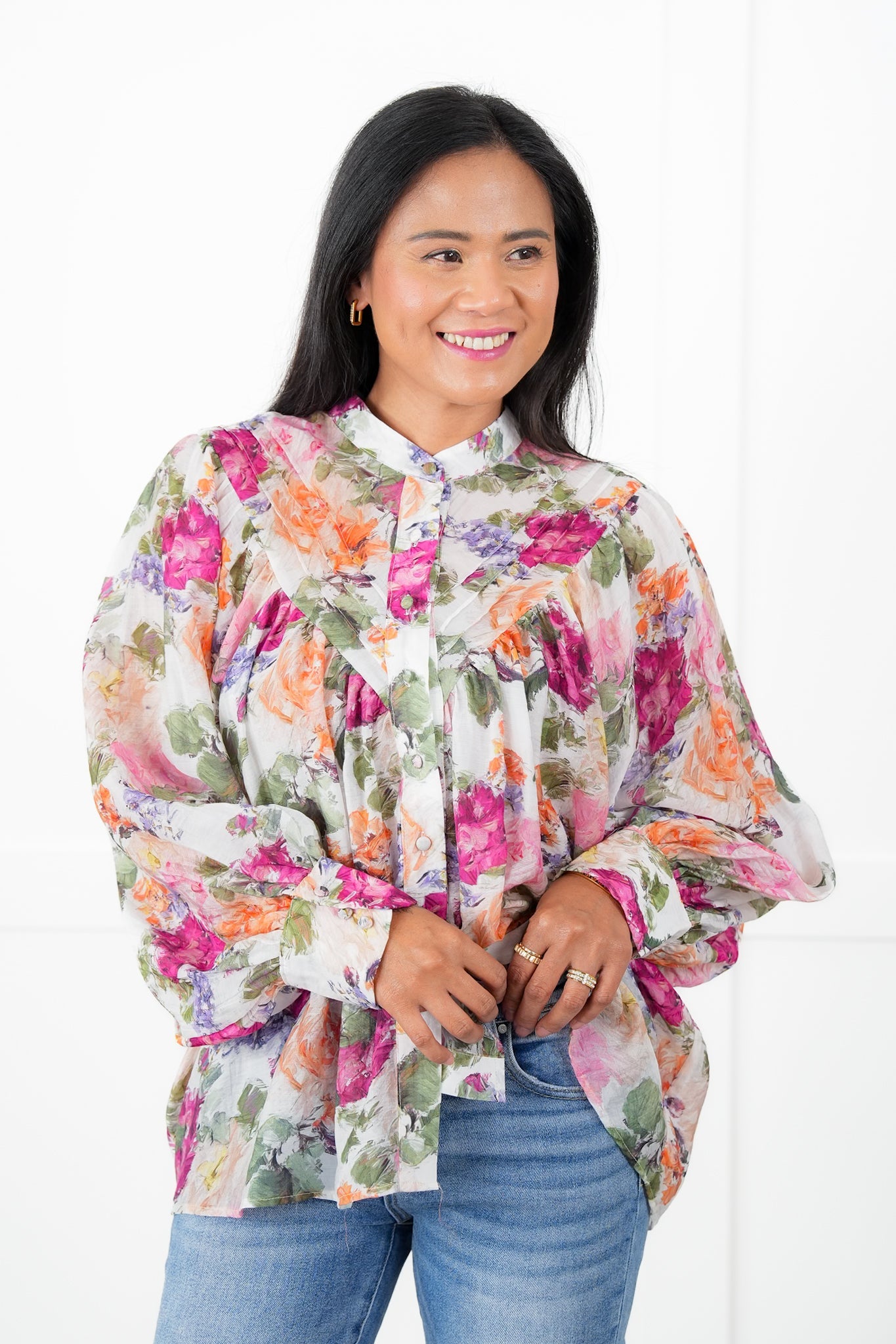 Restock! Plus/Reg Floral Print Long Sleeve Button Down Blouse