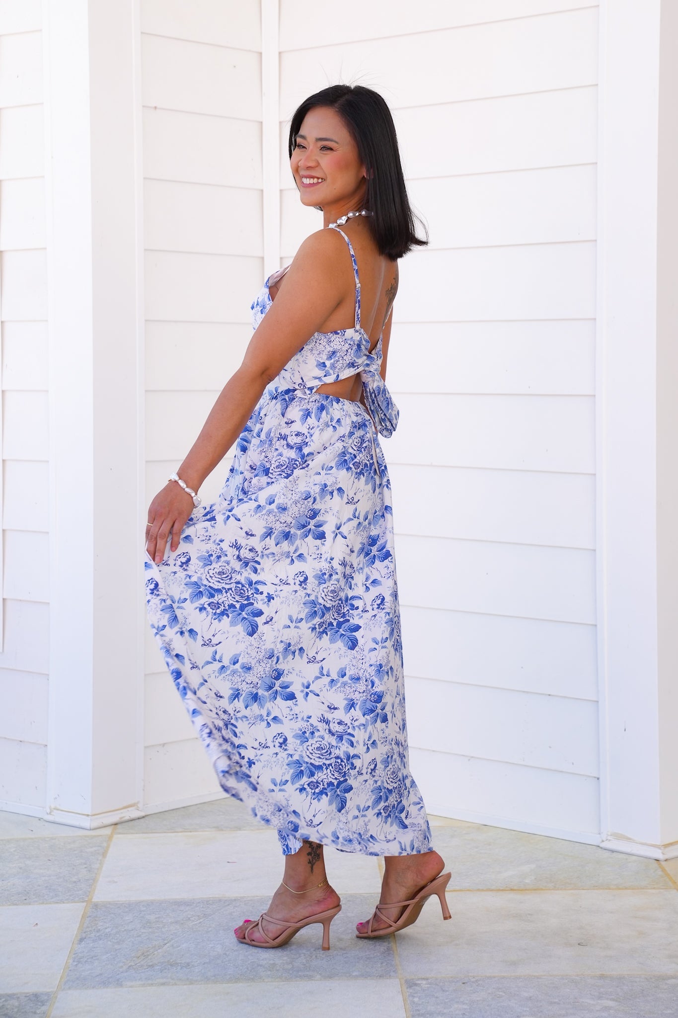 Blue Floral Sleeveless V Neck Maxi Dress with Tie Back Detail