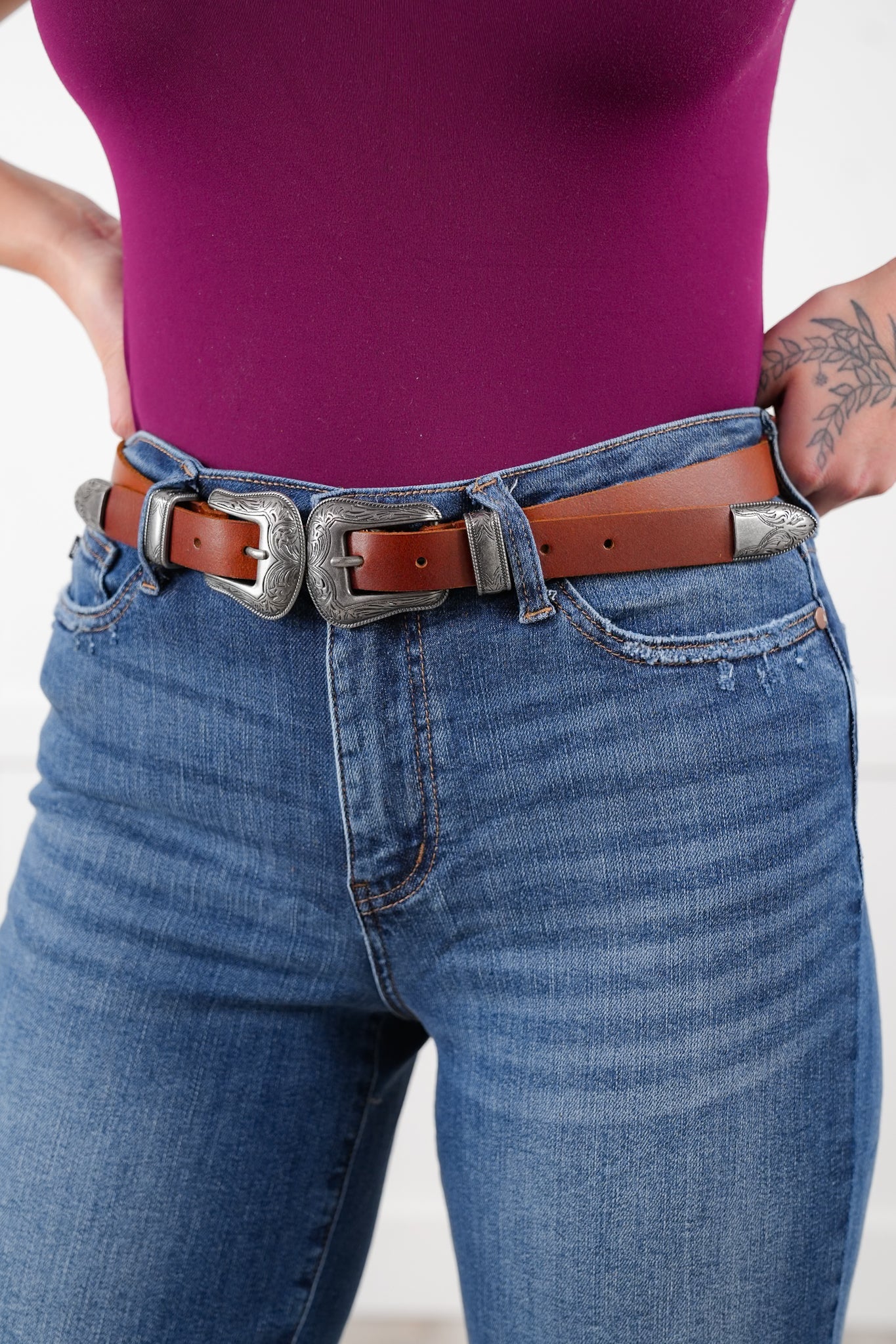 Double Buckle Western Style Leather Belt
