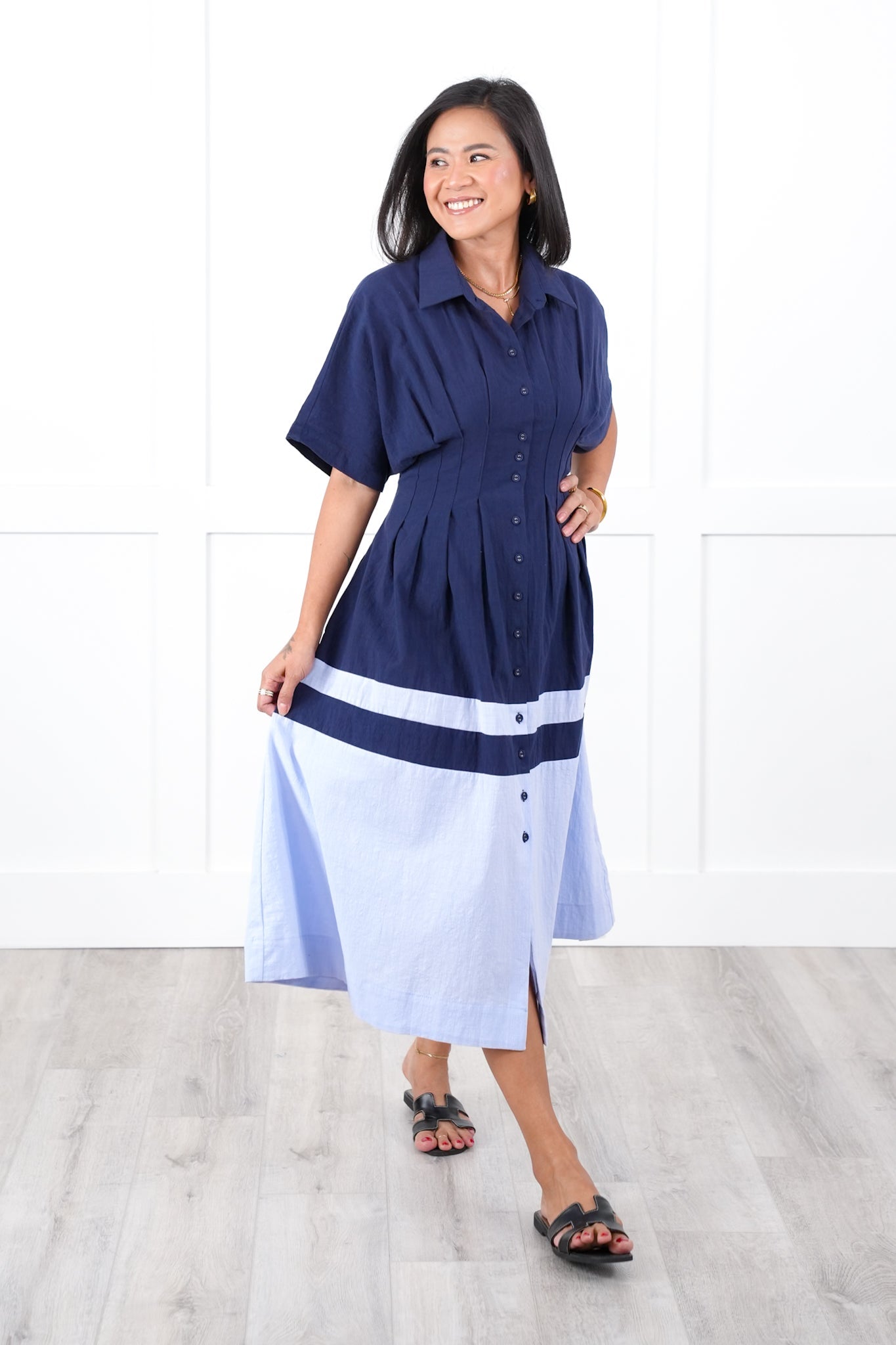 Color Block Short Sleeve Button Down Midi Dress